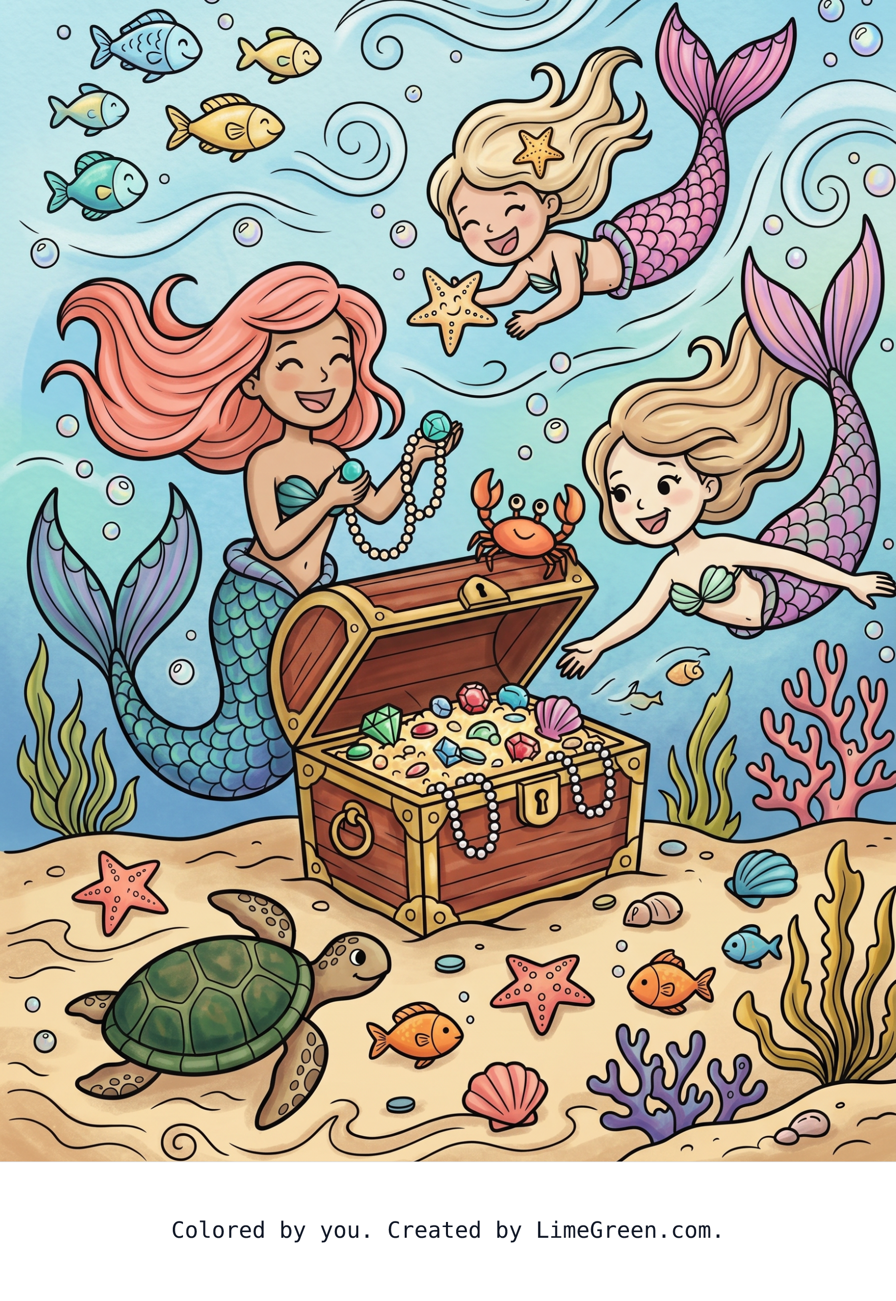Colored preview of Mermaids swimming in the ocean and playing with a treasure chest.