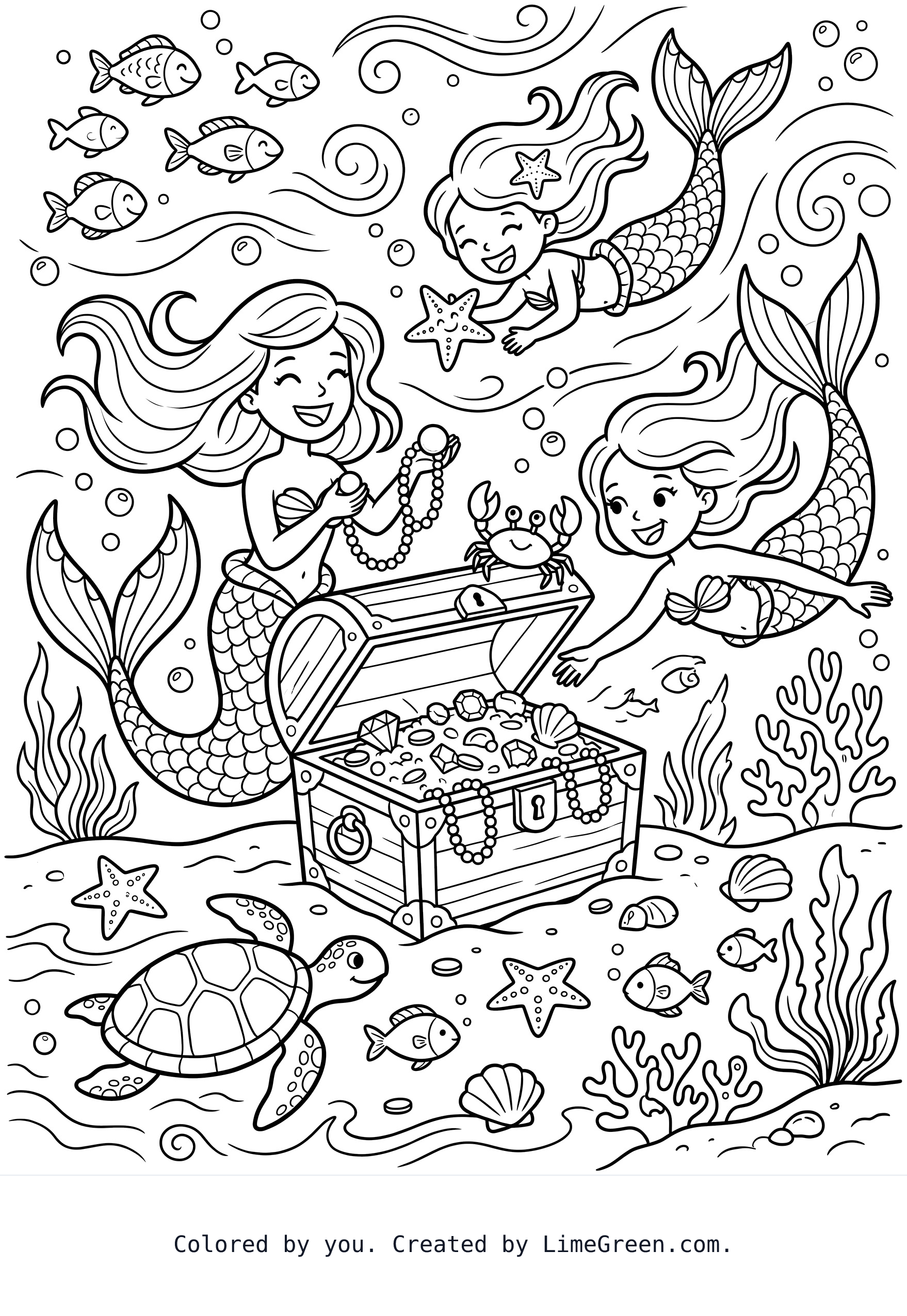 Mermaids swimming in the ocean and playing with a treasure chest.