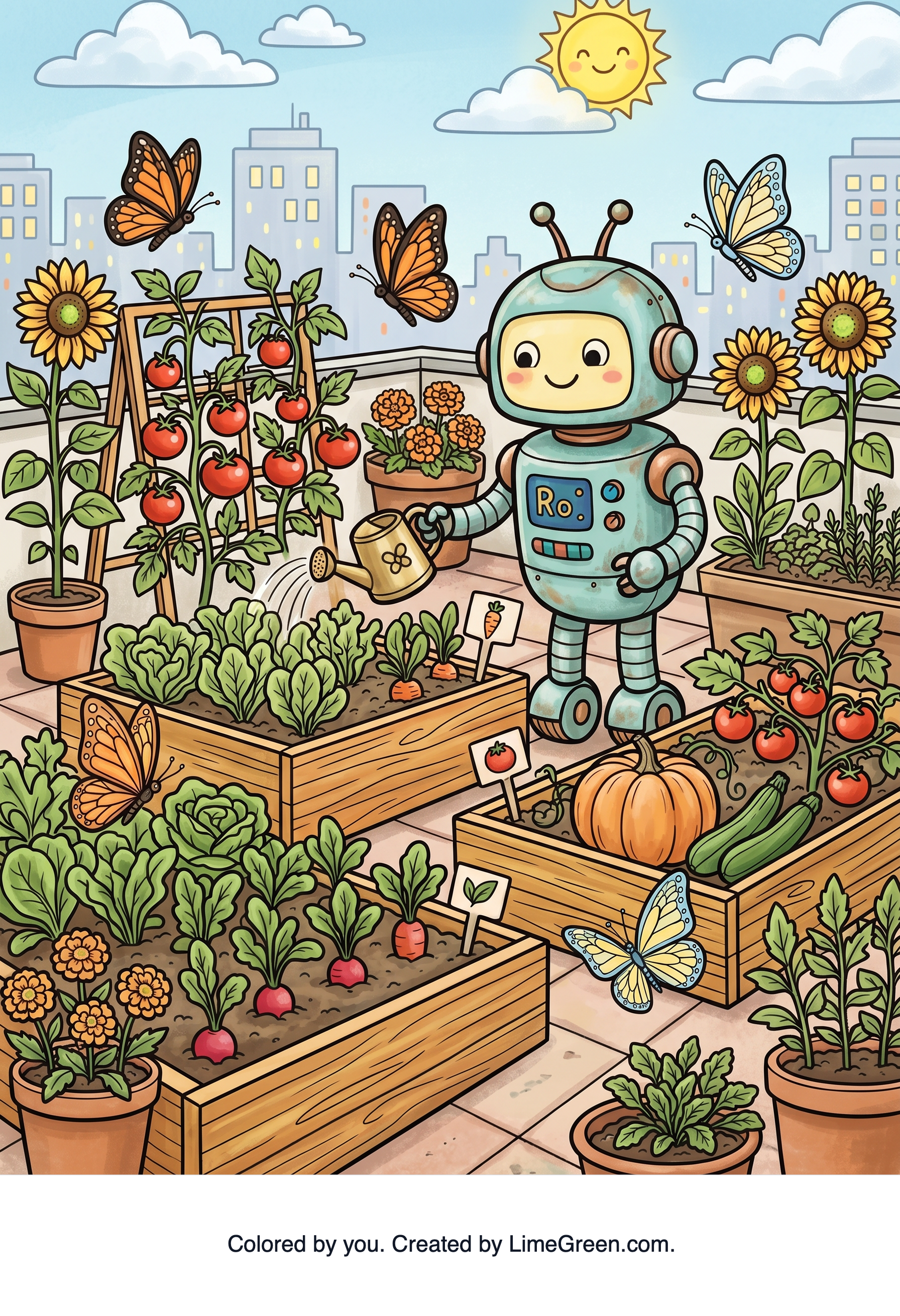 Colored preview of A friendly robot tending a rooftop vegetable garden with butterflies