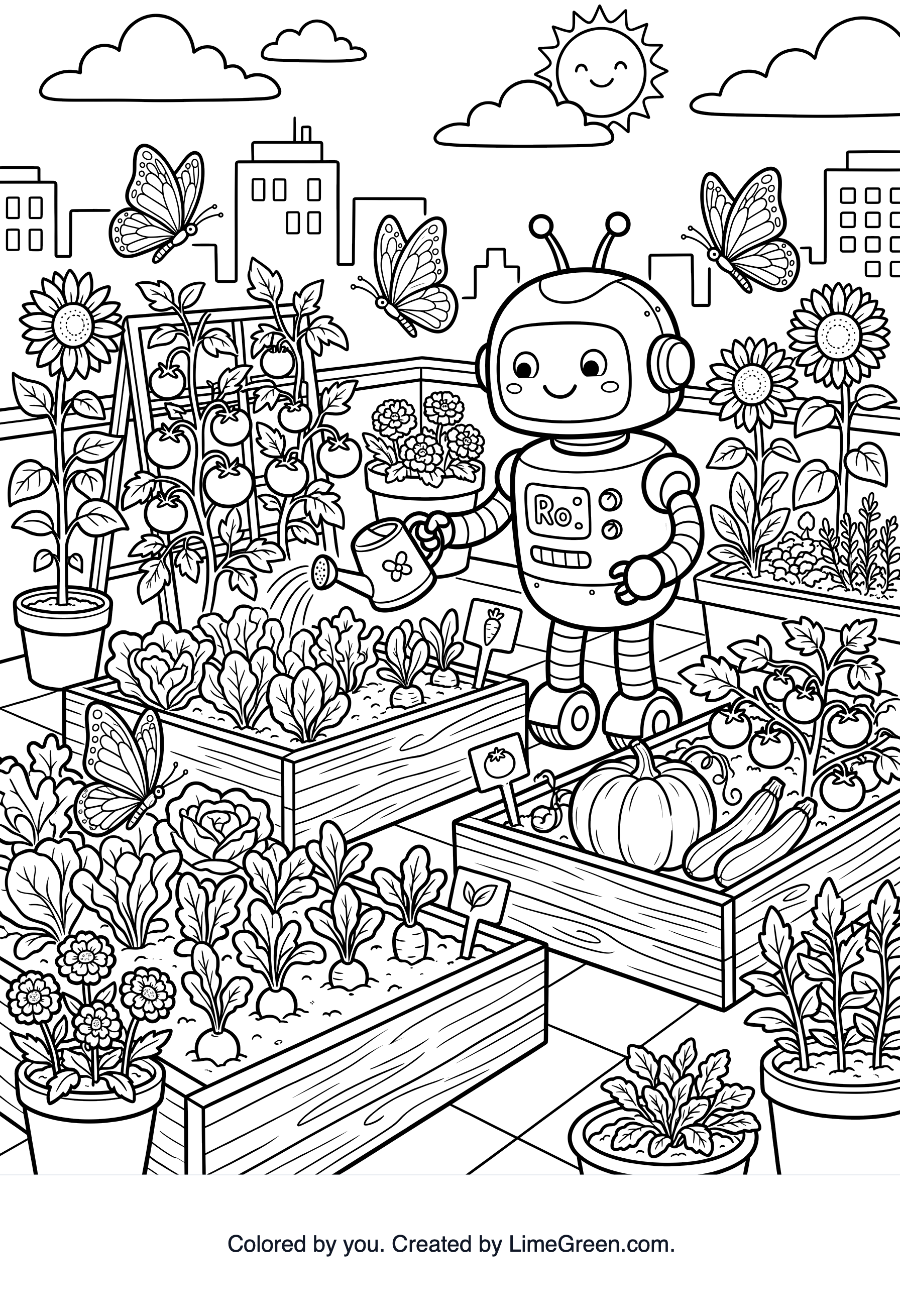 A friendly robot tending a rooftop vegetable garden with butterflies