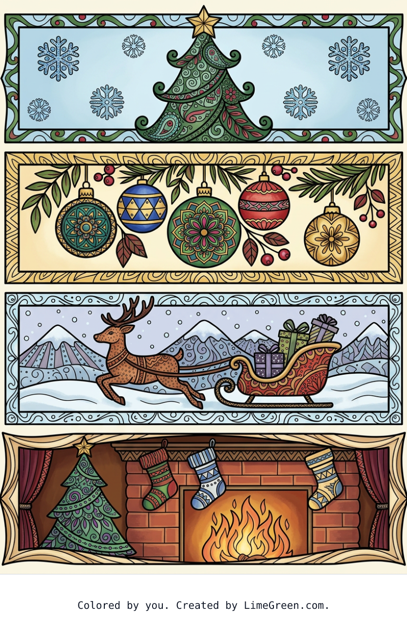 Colored preview of 4 separate photo style frames on a page, each with a unique zentangle christmas scene