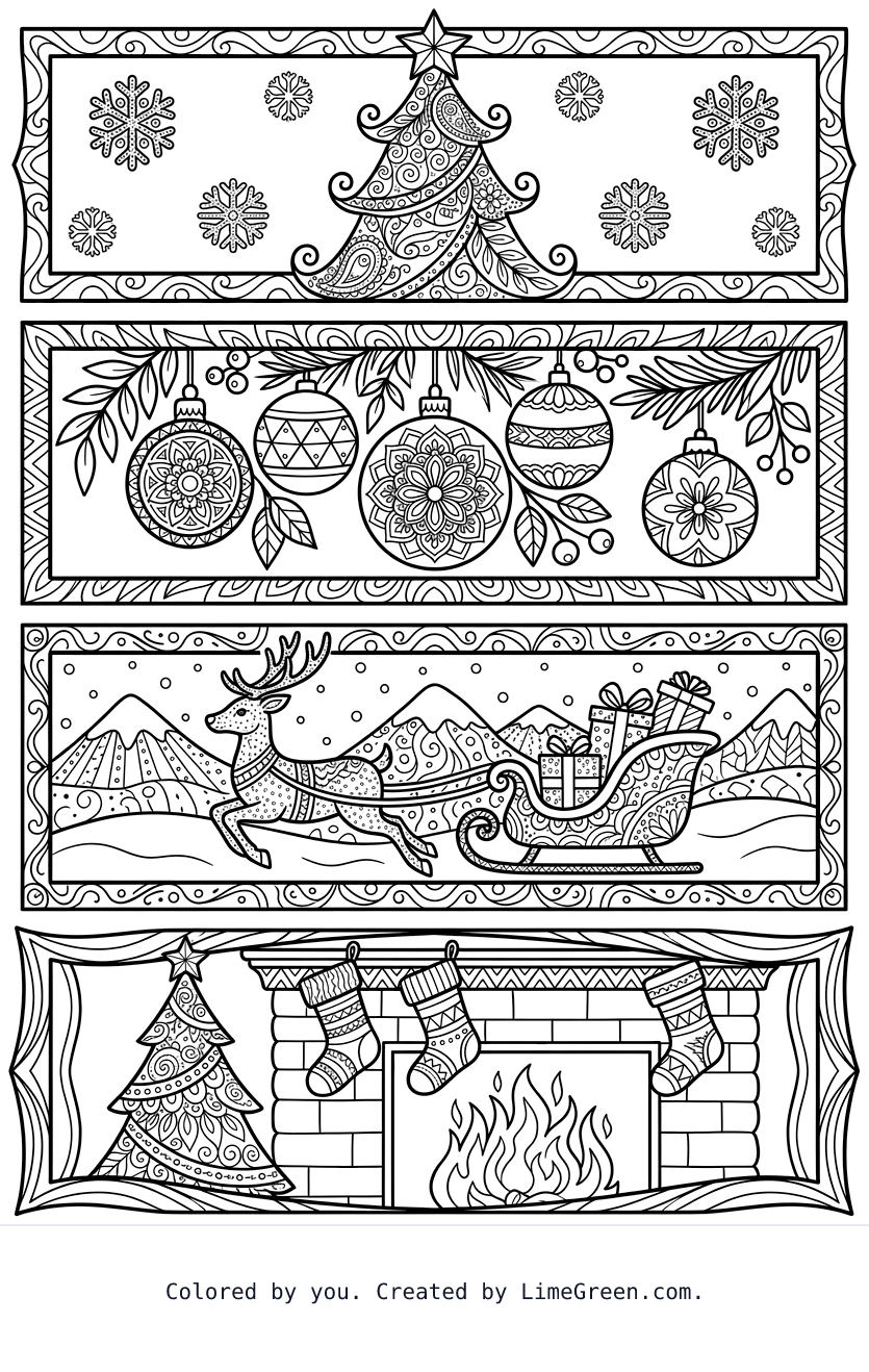 4 separate photo style frames on a page, each with a unique zentangle christmas scene