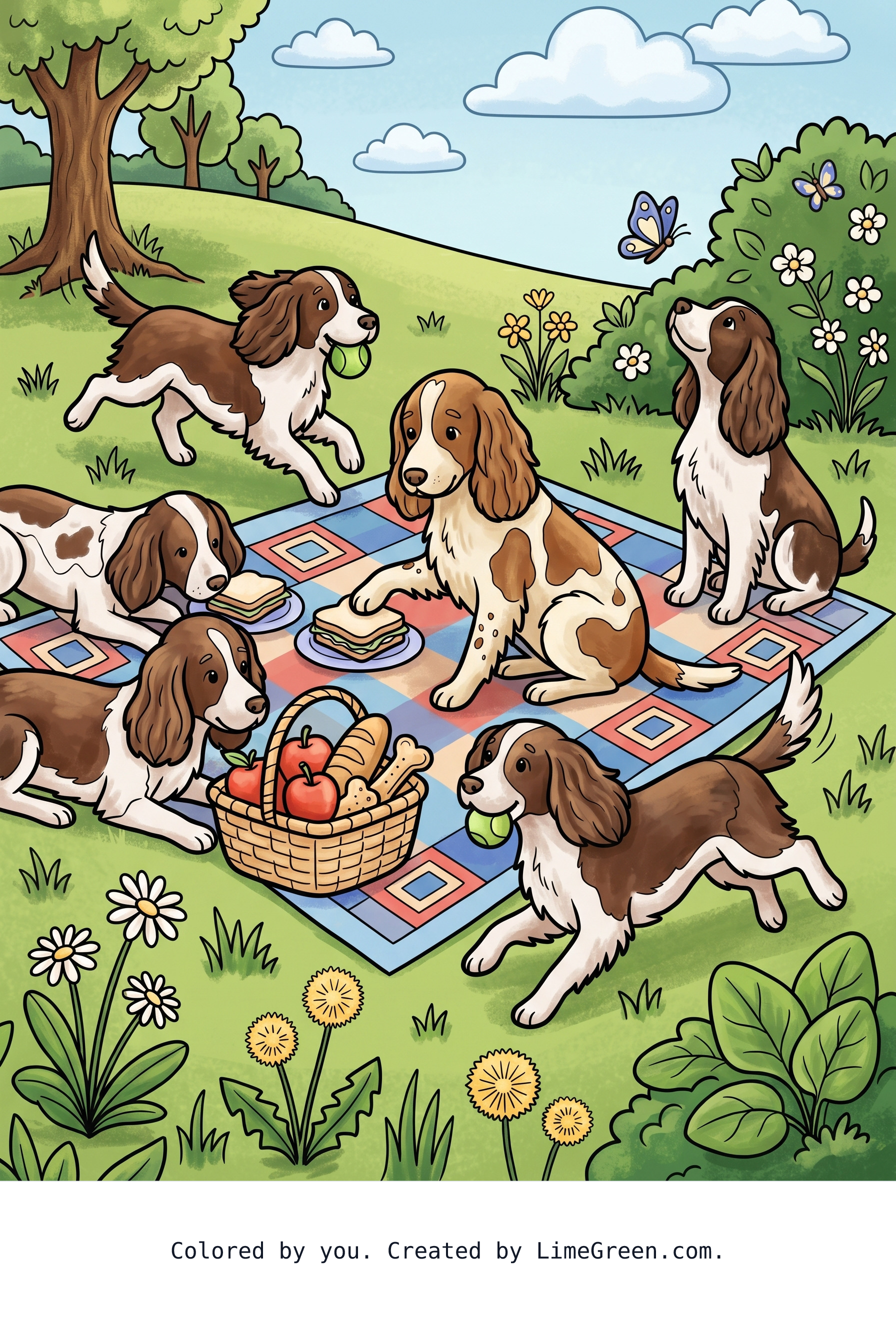 Colored preview of English springer spaniels having a picnic