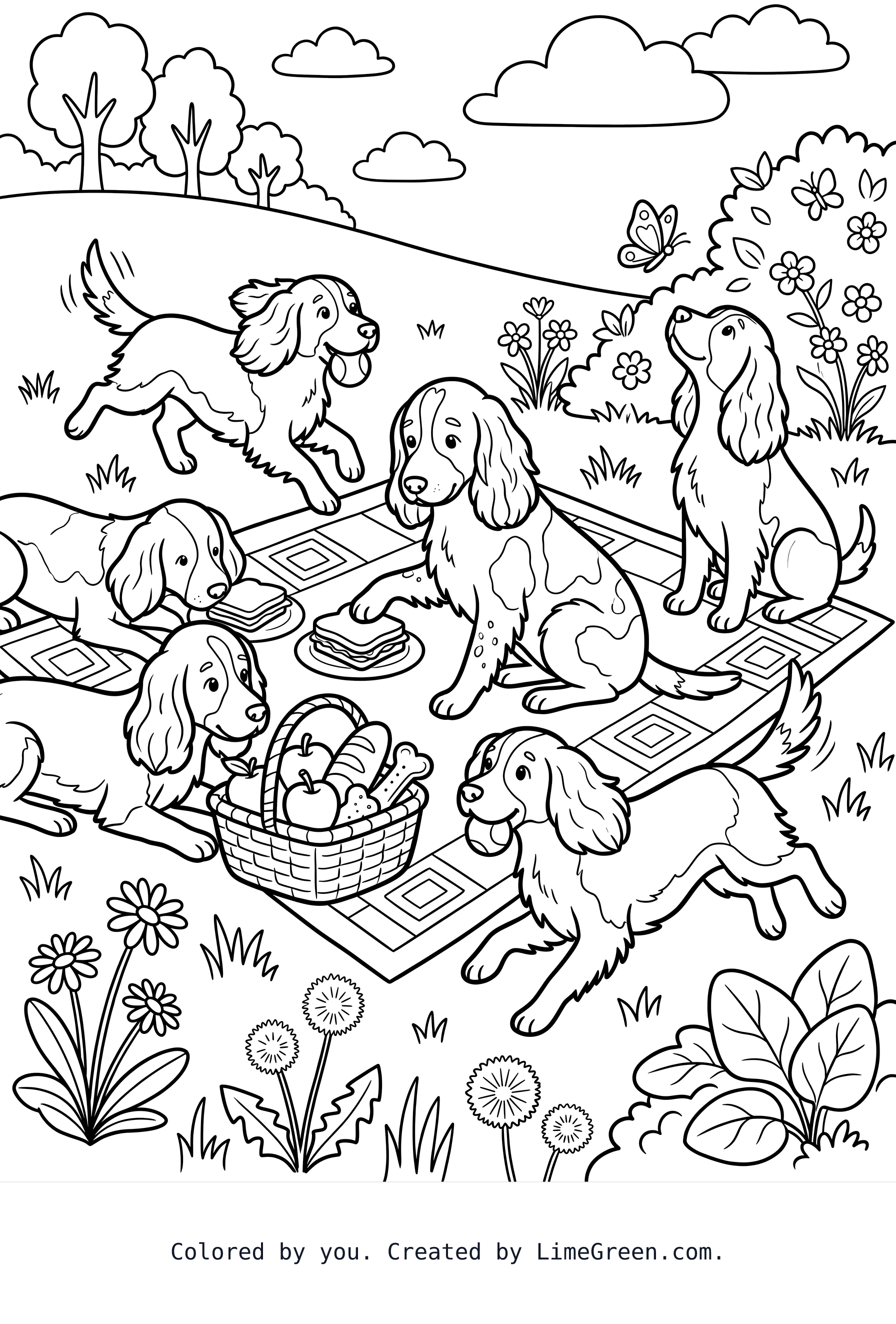 English springer spaniels having a picnic