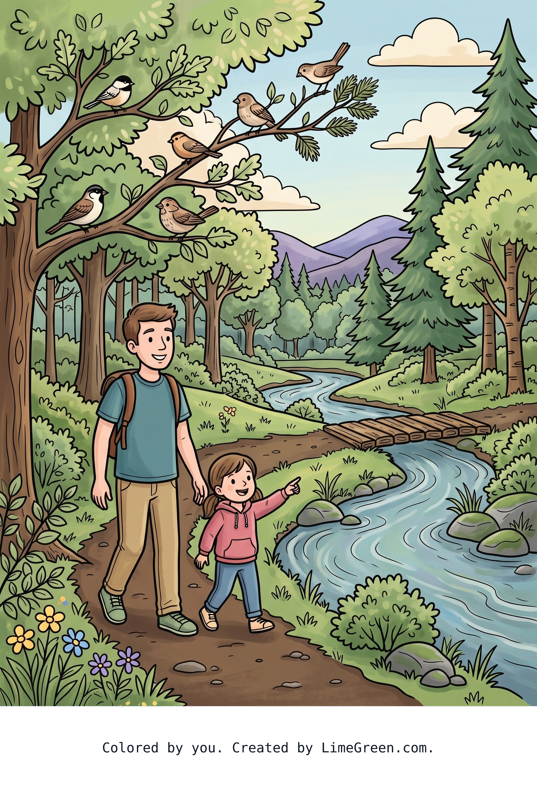 Colored preview of A young dad and his 4 yr girl walking around a river in the woods together while finding birds