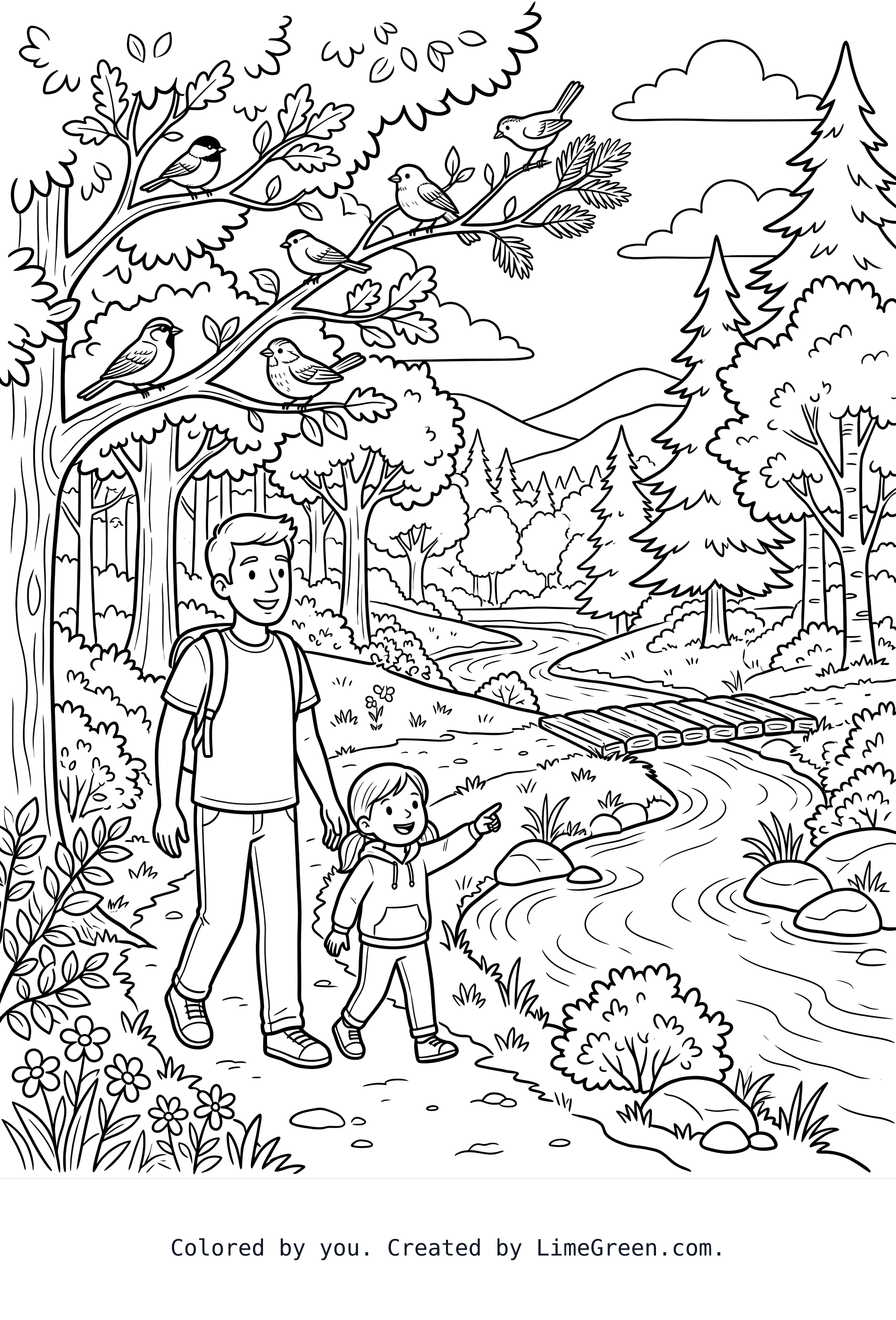 A young dad and his 4 yr girl walking around a river in the woods together while finding birds