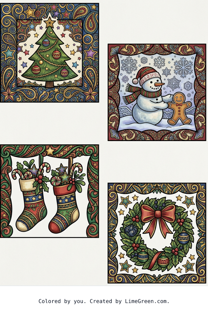 Colored preview of 4 separate photo style frames on a page, each with a unique zentangle christmas scene to color.