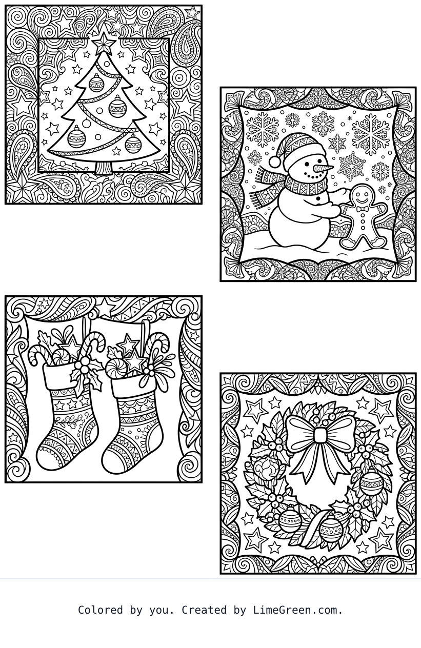 4 separate photo style frames on a page, each with a unique zentangle christmas scene to color.