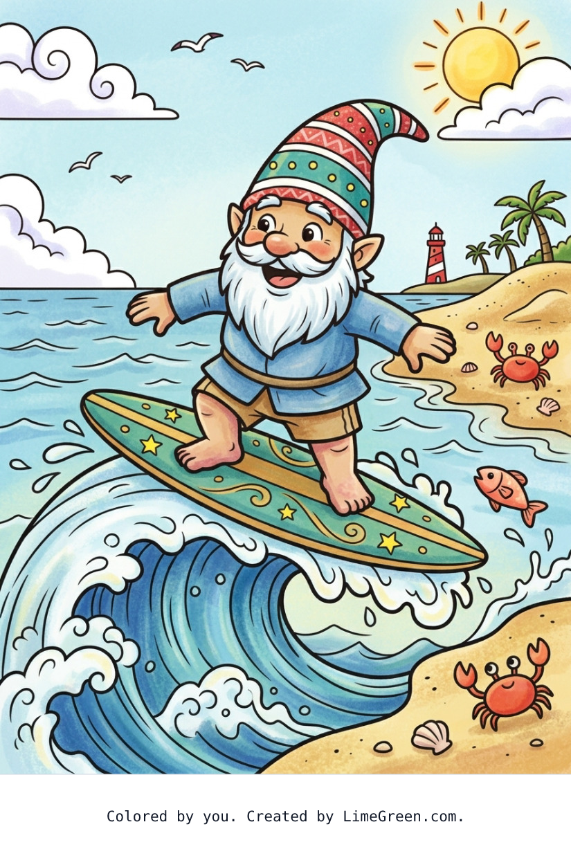 Colored preview of A gnome surfing at the beach