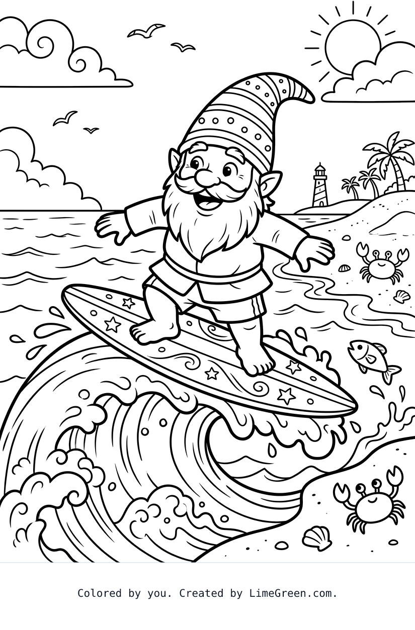A gnome surfing at the beach