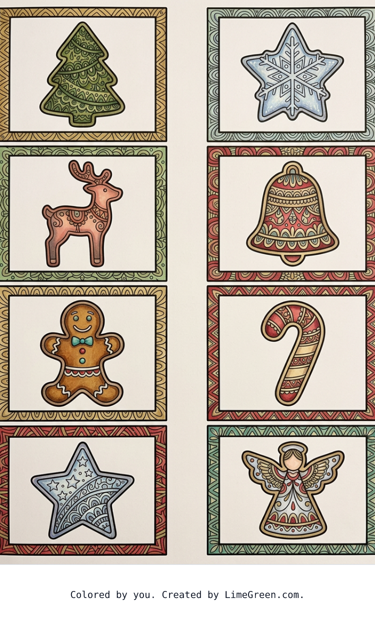 Colored preview of 8 separate photo style frames on a page, each with a unique zentangle frosted christmas cookie