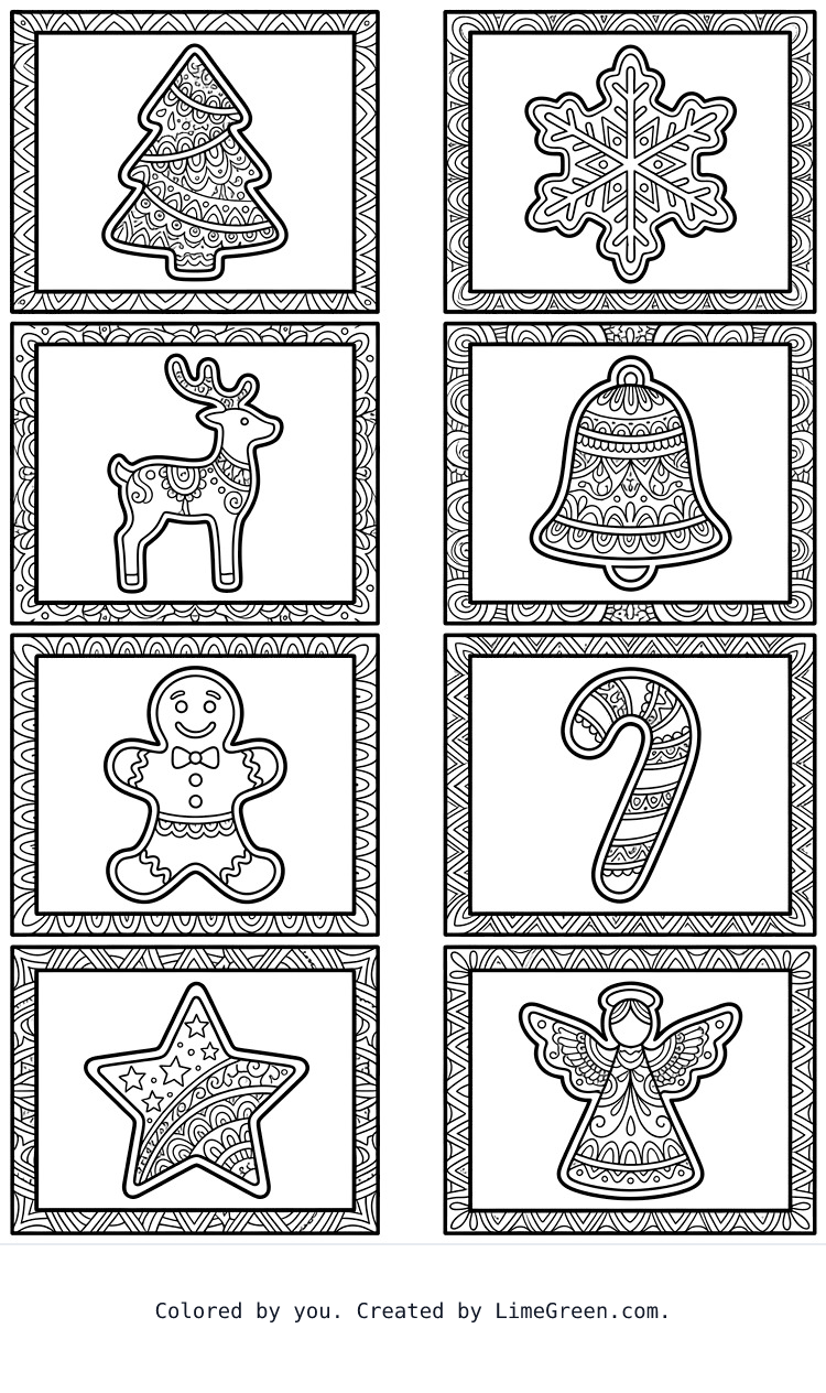 8 separate photo style frames on a page, each with a unique zentangle frosted christmas cookie