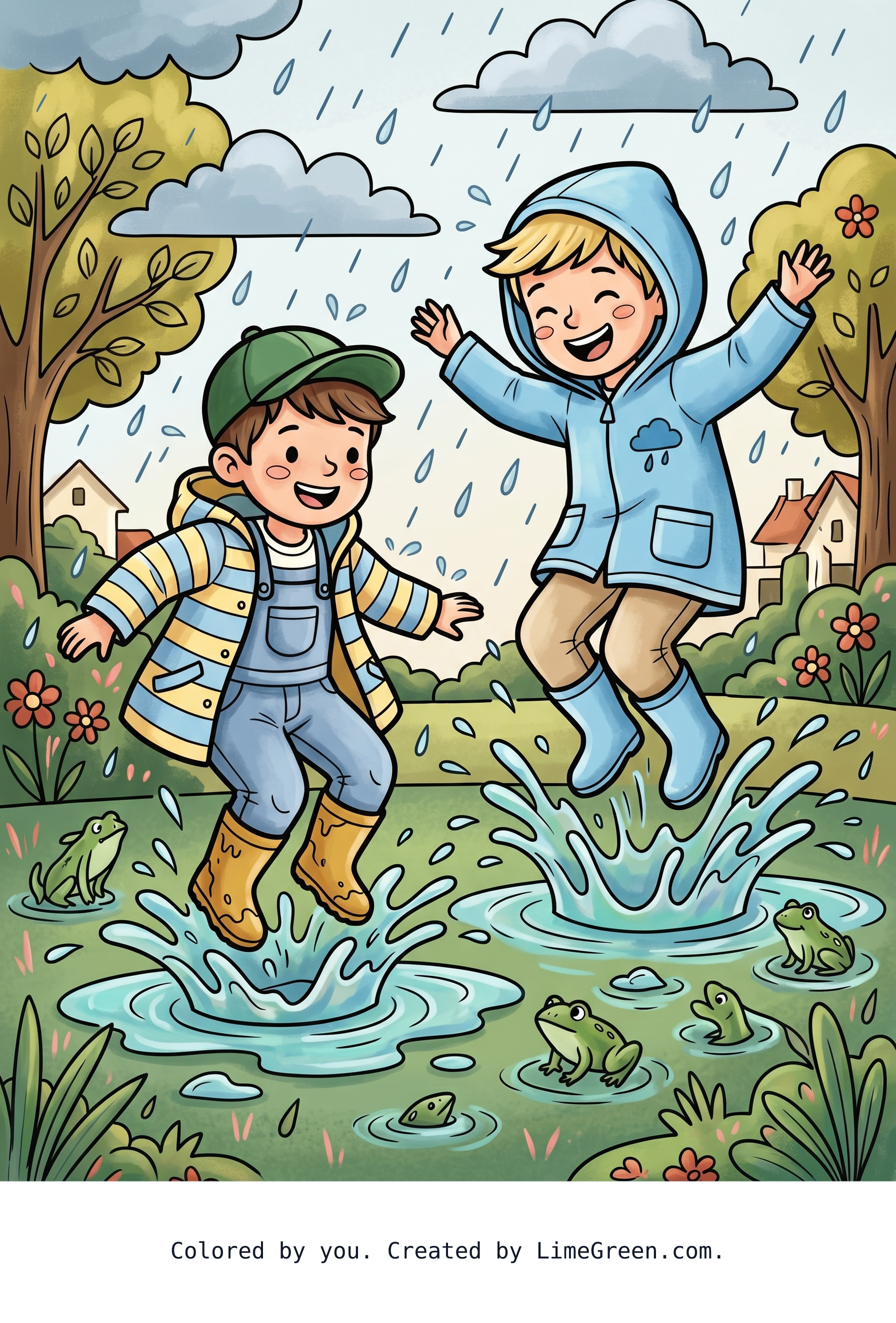 Colored preview of Two brothers jumping in puddles and playing in the rain