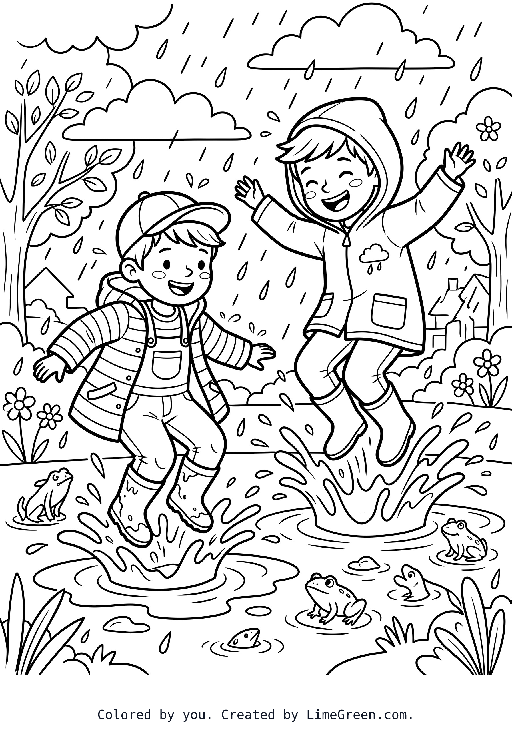 Printable Two brothers jumping in puddles and playing in the rain coloring page