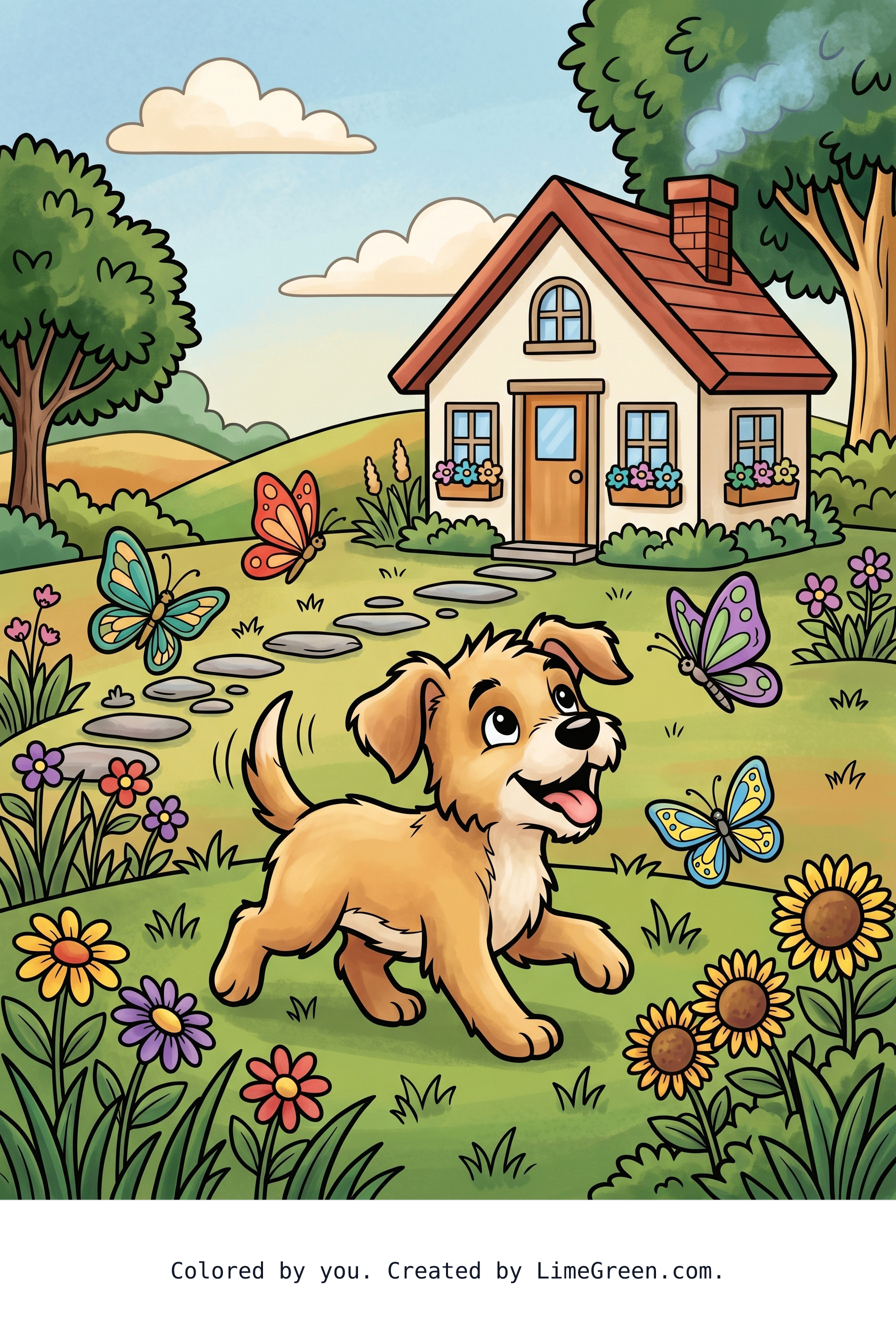 Colored preview of A cheerful puppy playing with butterflies in the yard of a small, welcoming house.