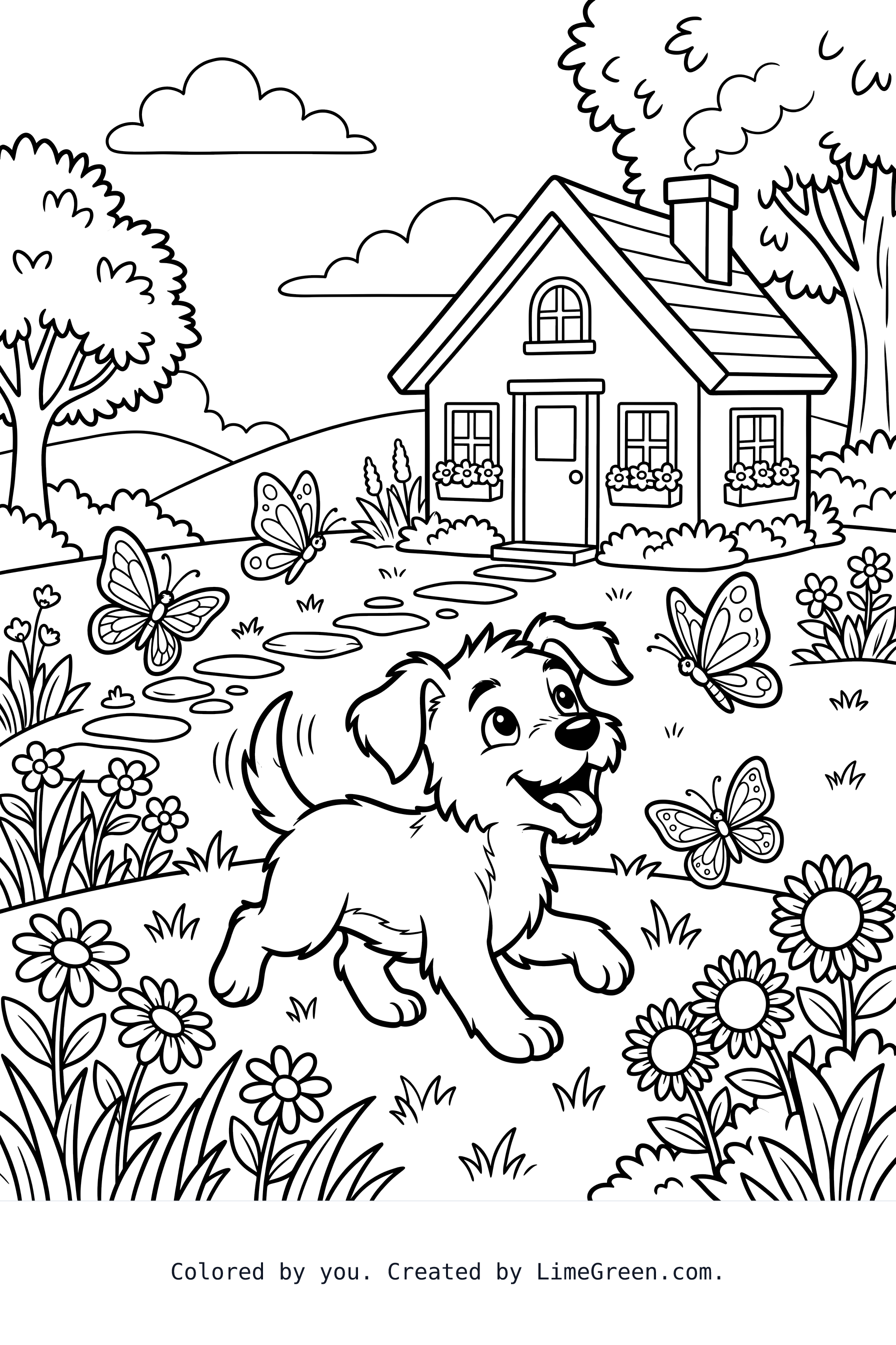 A cheerful puppy playing with butterflies in the yard of a small, welcoming house.
