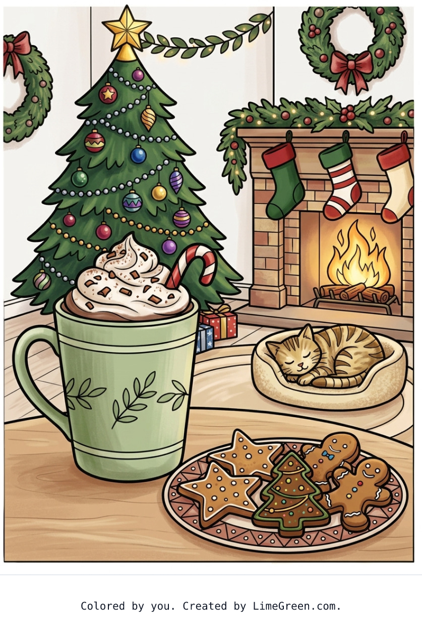Colored preview of a tall latte style cup of cocoa with whip cream and chocolate shavings on top, sitting on a table next to a plate of christmas decorated cookies. The room is decorated for Christmas, with a tree, fireplace, and stockings. There's a cat in a catbed on the floor sleeping in front of the fireplace.