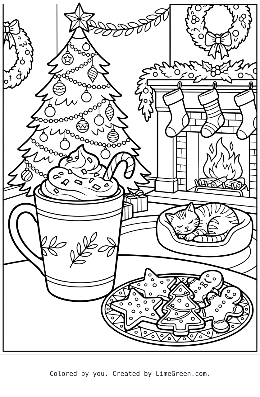 a tall latte style cup of cocoa with whip cream and chocolate shavings on top, sitting on a table next to a plate of christmas decorated cookies. The room is decorated for Christmas, with a tree, fireplace, and stockings. There's a cat in a catbed on the floor sleeping in front of the fireplace.