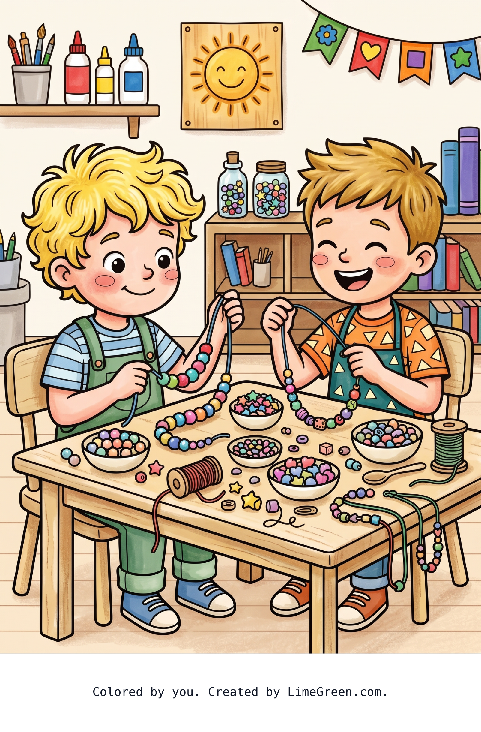 Colored preview of Two kindergarten boys making necklaces out of beads and wire or string.