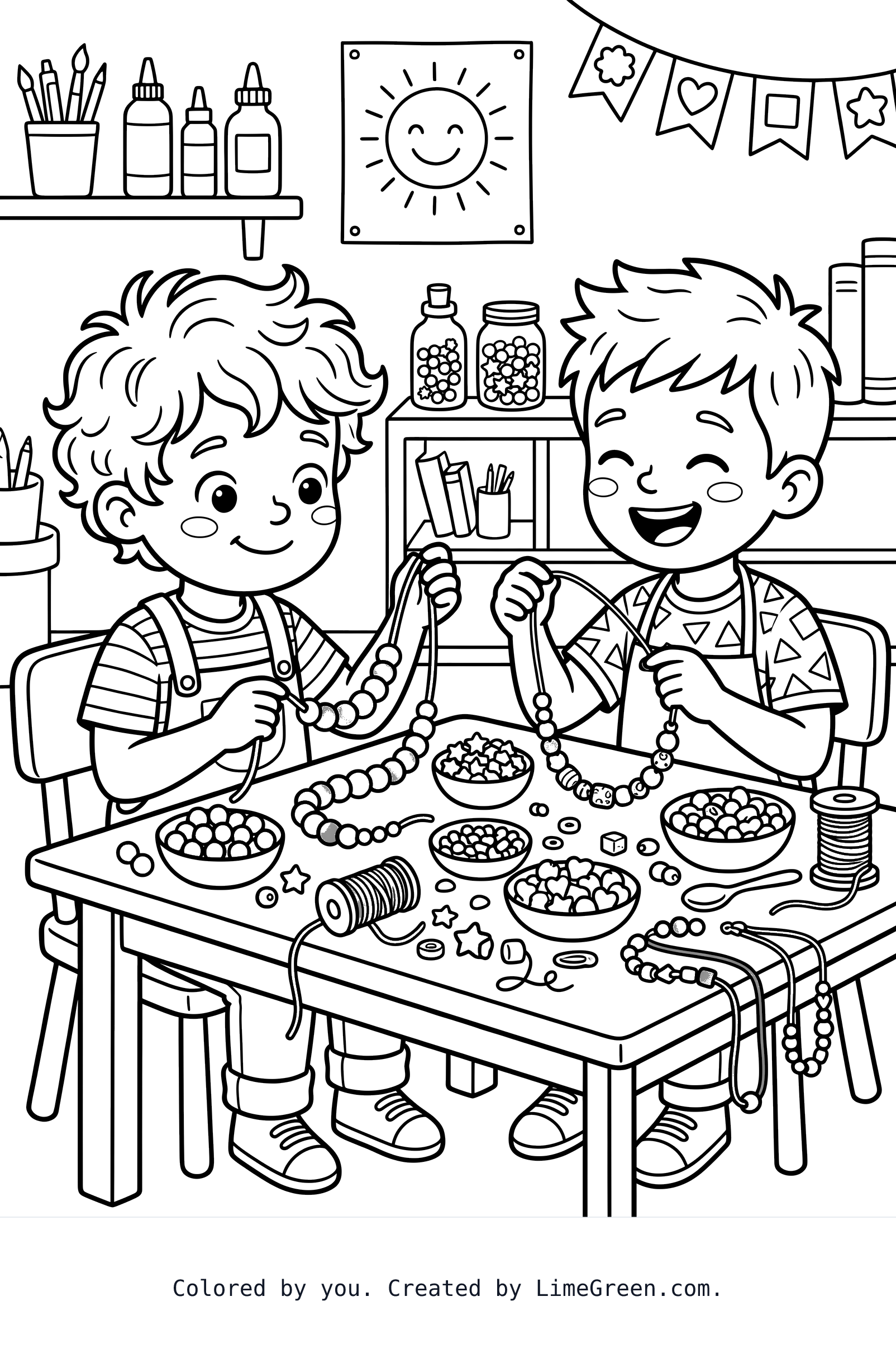 Two kindergarten boys making necklaces out of beads and wire or string.