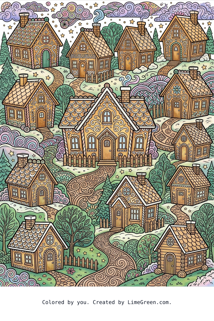 Colored preview of a zentangle style coloring page with gingerbread houses scattered around in different sizes