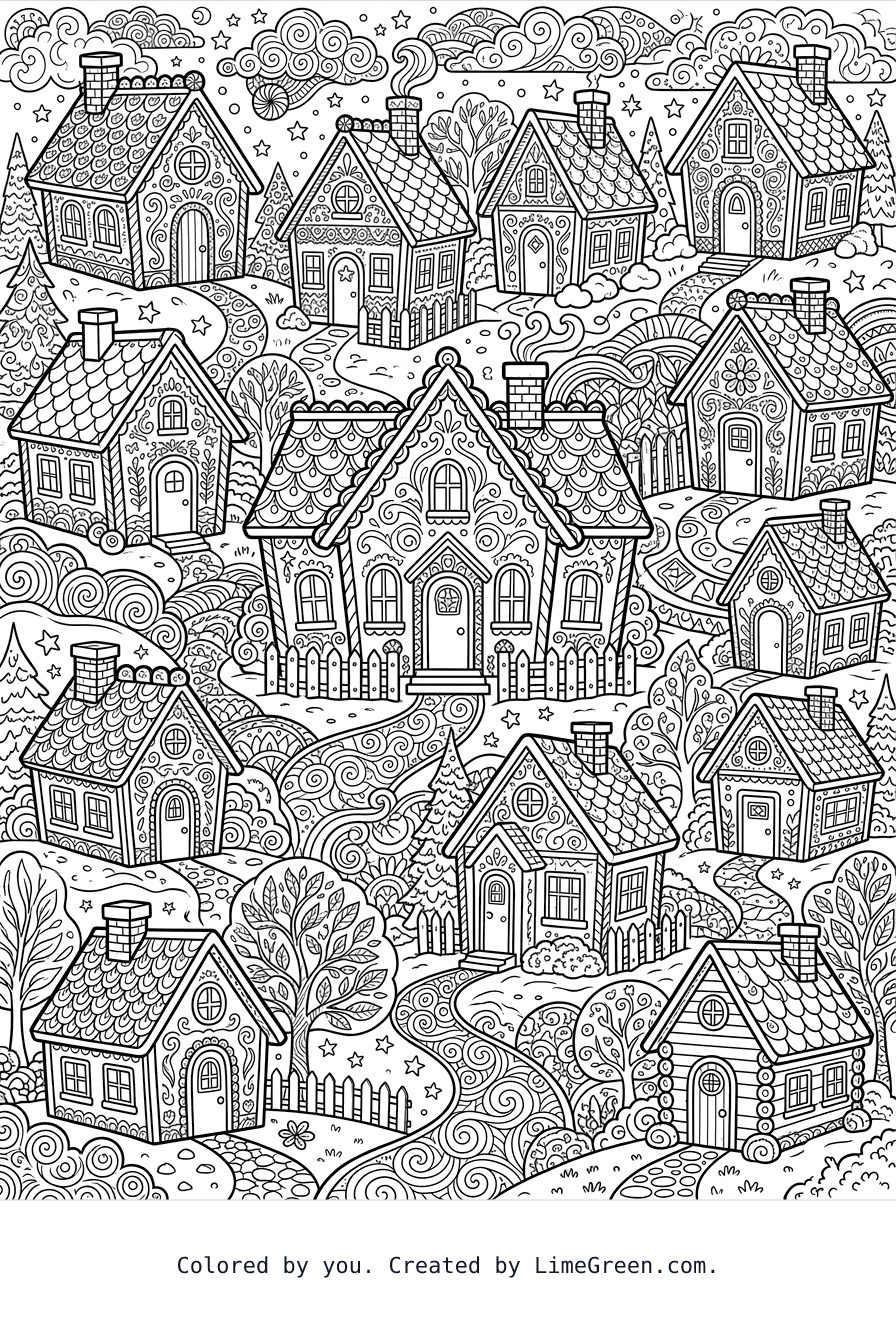 a zentangle style coloring page with gingerbread houses scattered around in different sizes