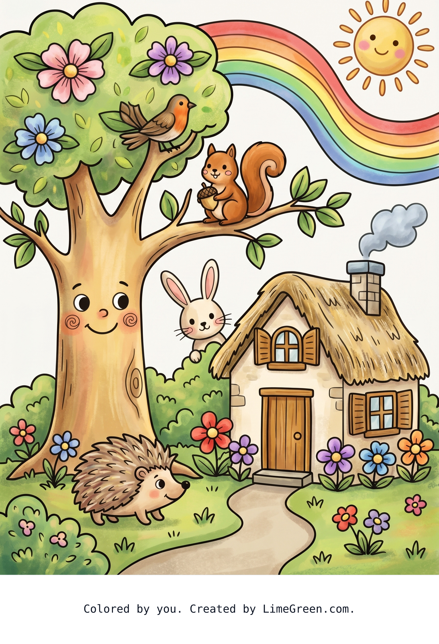 Colored preview of We want a tree with flowers and a home by it and a rainbow and a sun, and the tree has a face and some animals are looking around the house and by the house, and there's a hedgehog.