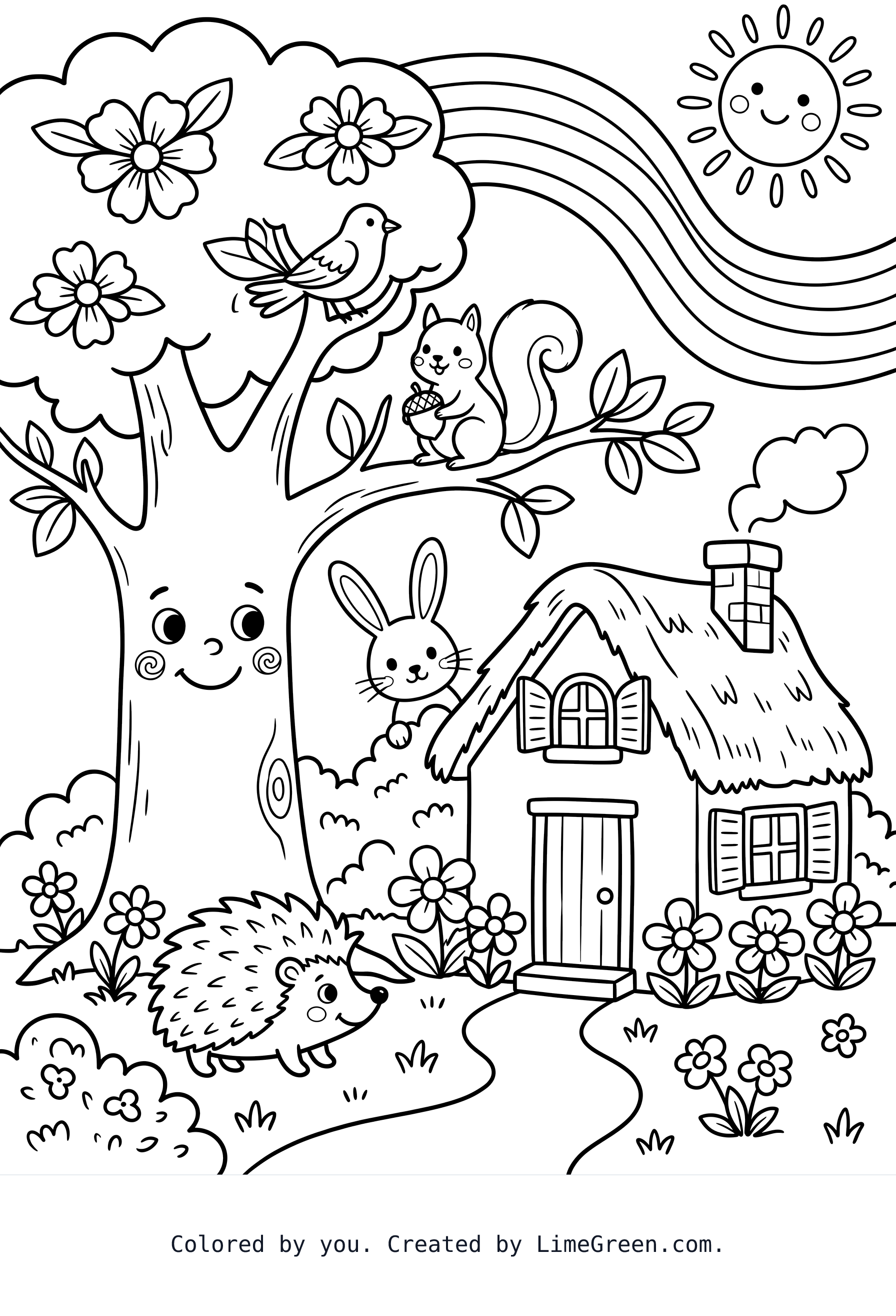 Printable We want a tree with flowers and a home by it and a rainbow and a sun, and the tree has a face and some animals are looking around the house and by the house, and there's a hedgehog. coloring page