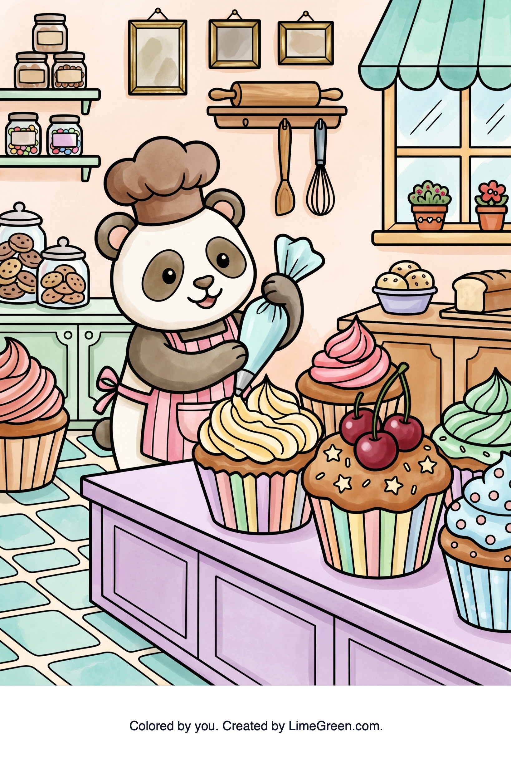 Colored preview of A panda baker decorating giant cupcakes in a cheerful bakery