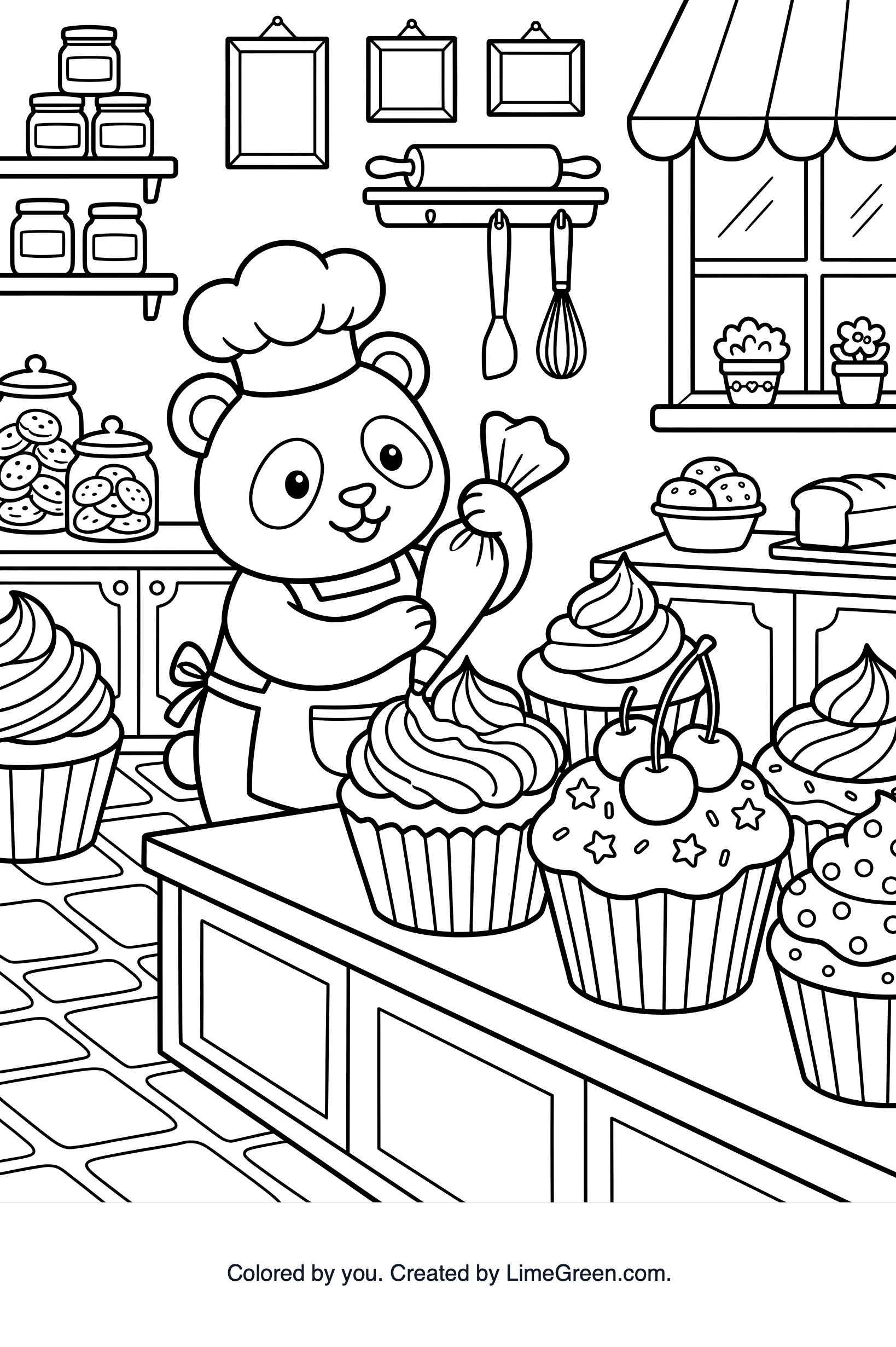 A panda baker decorating giant cupcakes in a cheerful bakery