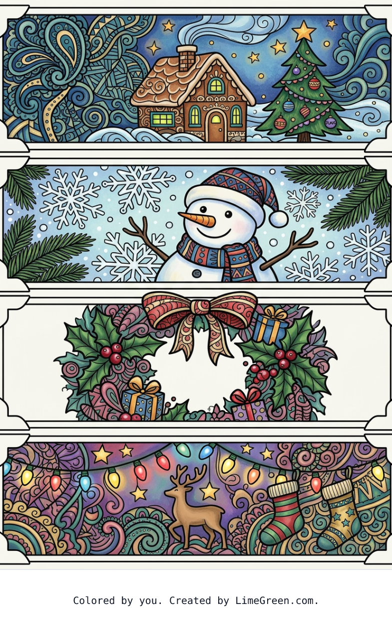 Colored preview of 4 separate photo style frames on a page, each with a unique zentangle christmas holiday pattern