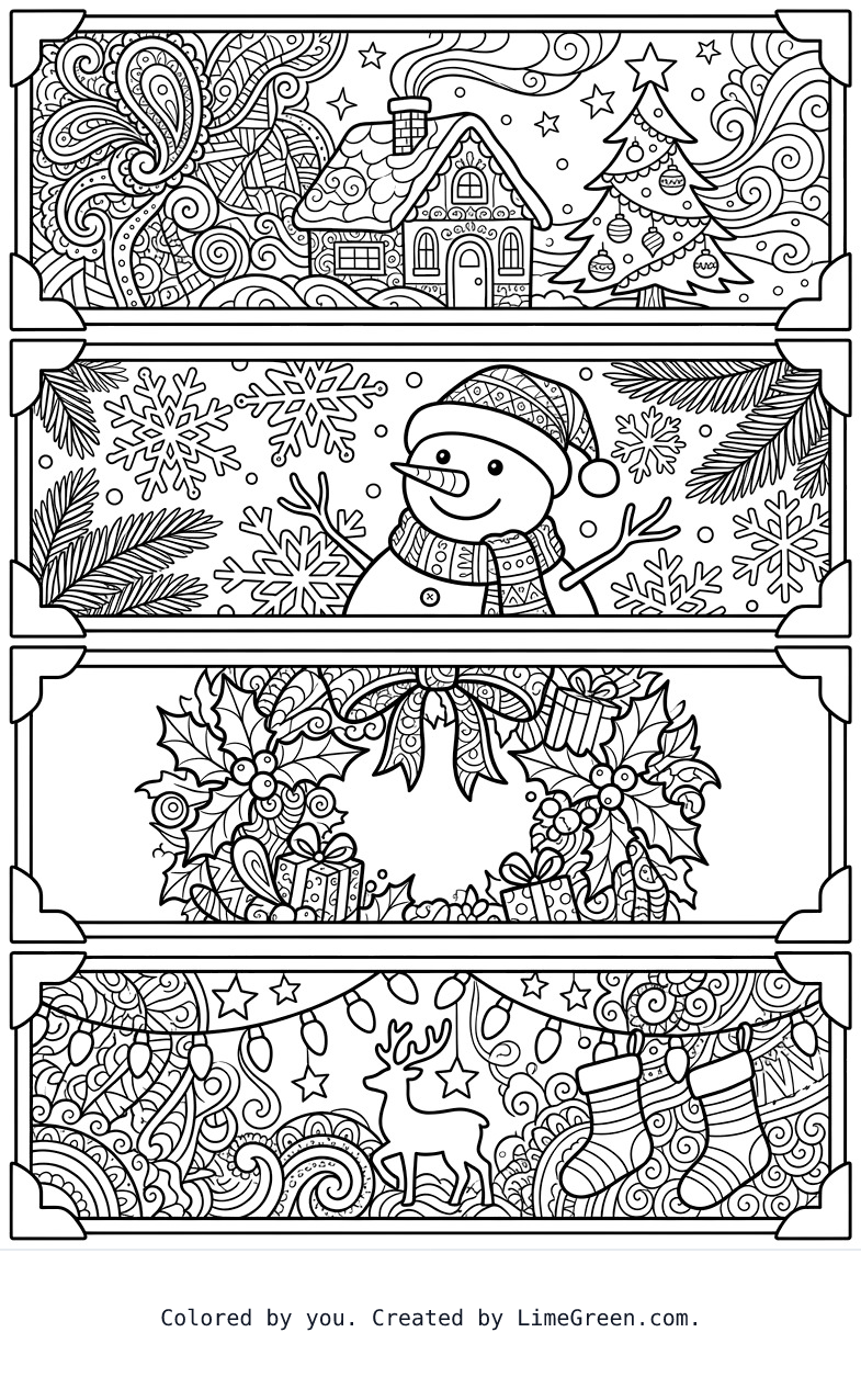 4 separate photo style frames on a page, each with a unique zentangle christmas holiday pattern