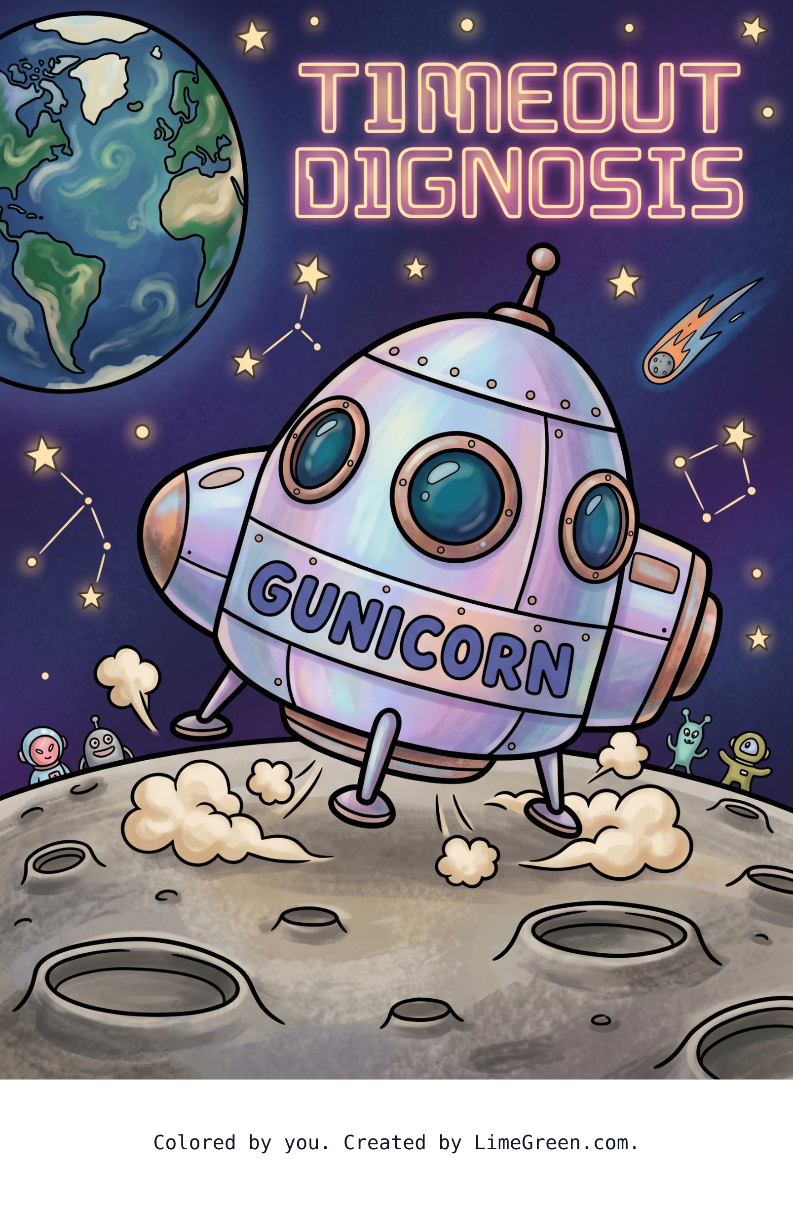 Colored preview of A spaceship landing on the moon via gunicorn timeout diagnosis.
