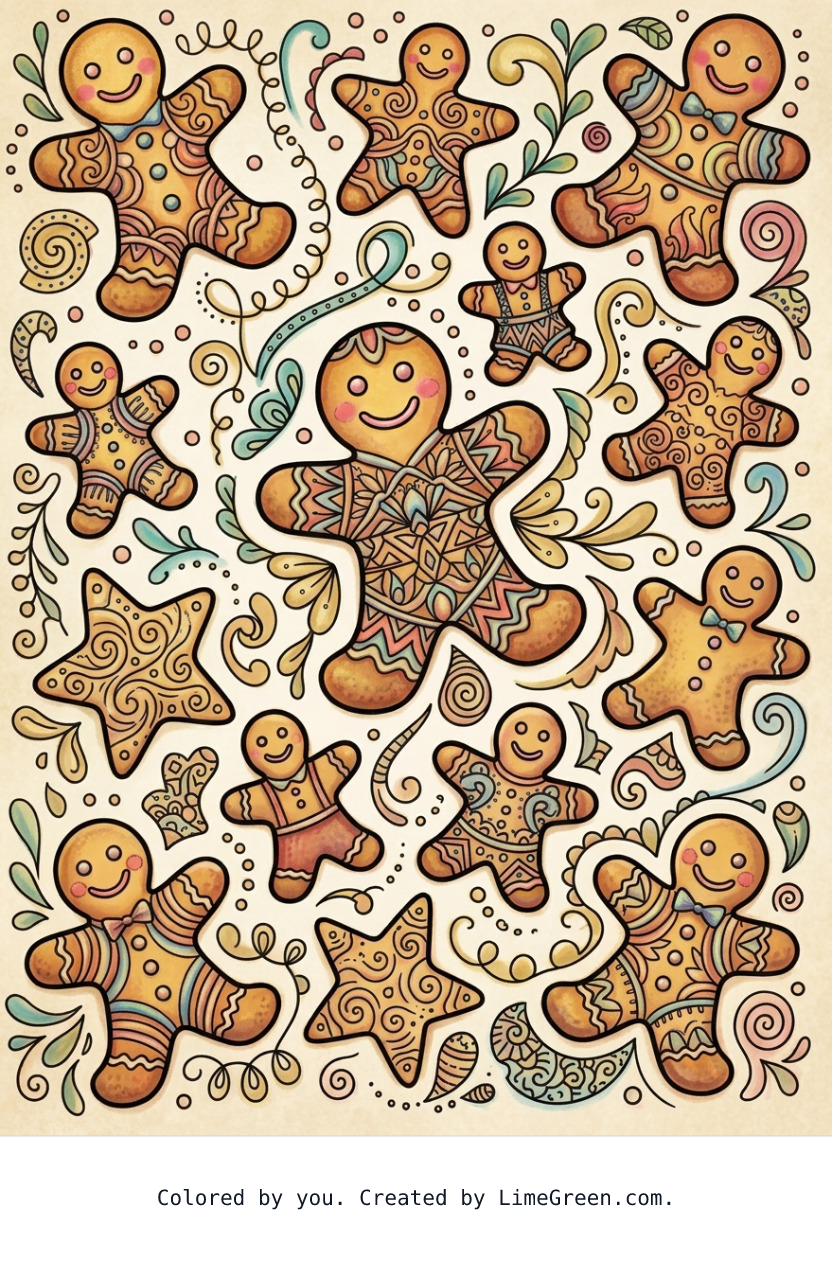 Colored preview of a zentangle style coloring page with gingerbreads scattered around in different sizes