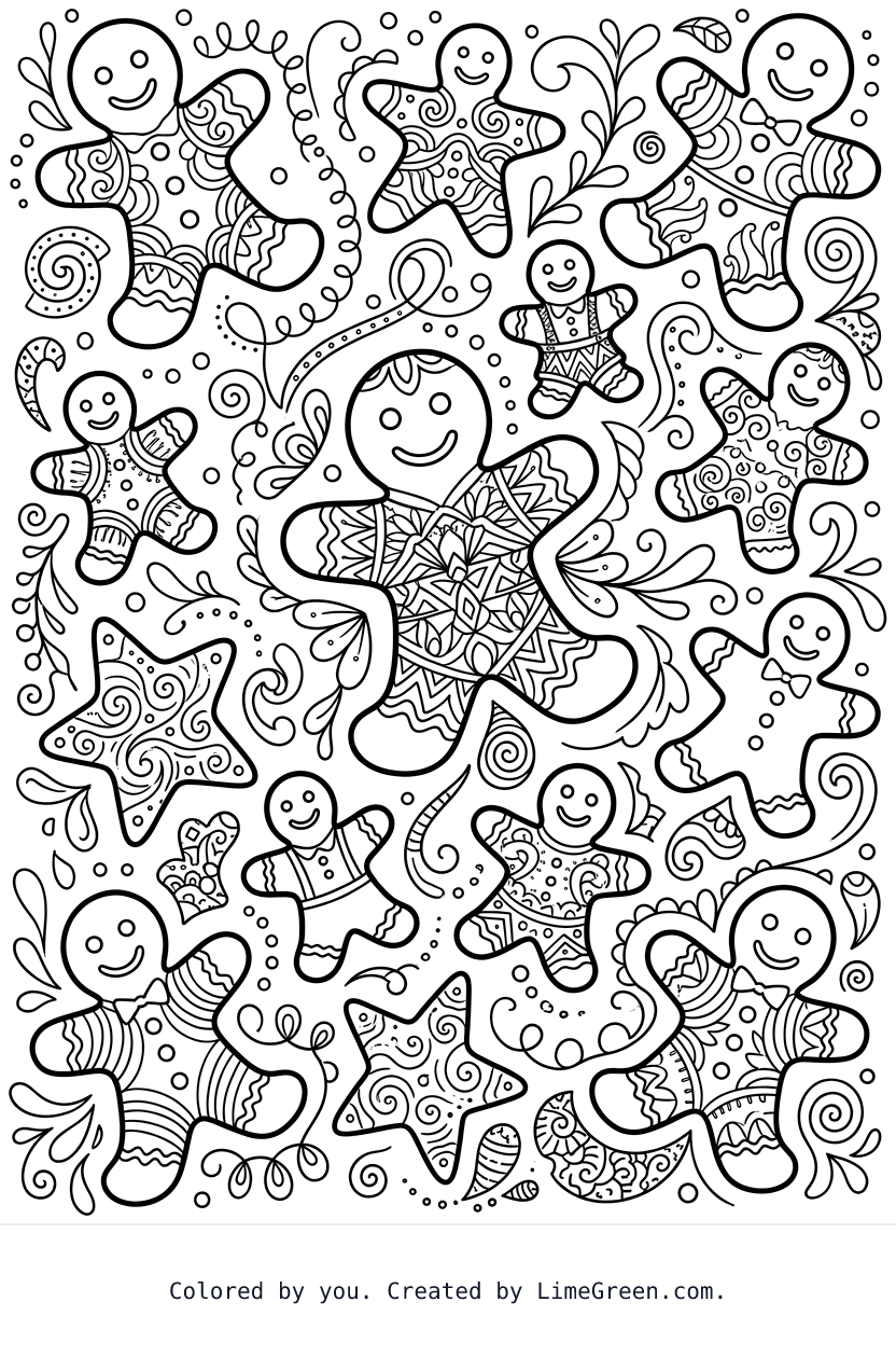 a zentangle style coloring page with gingerbreads scattered around in different sizes