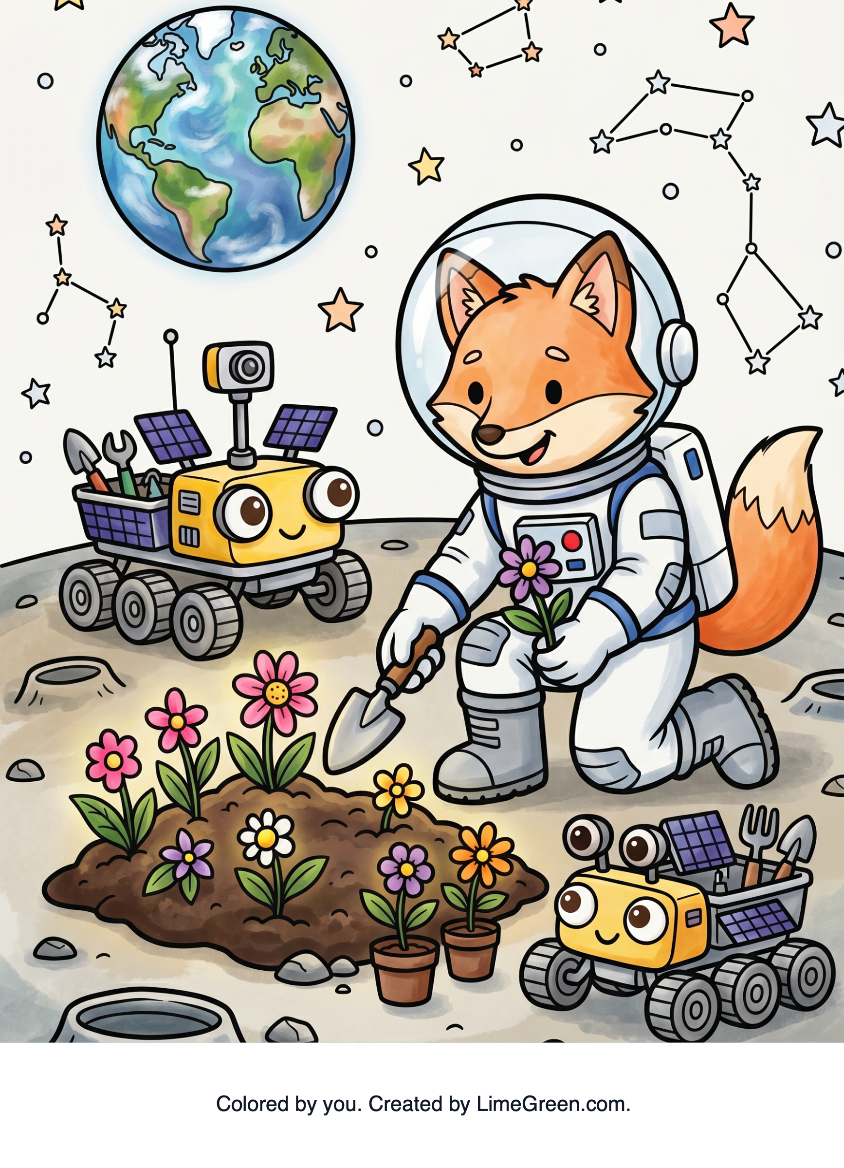 Colored preview of A fox astronaut planting flowers on the moon beside a tiny rover