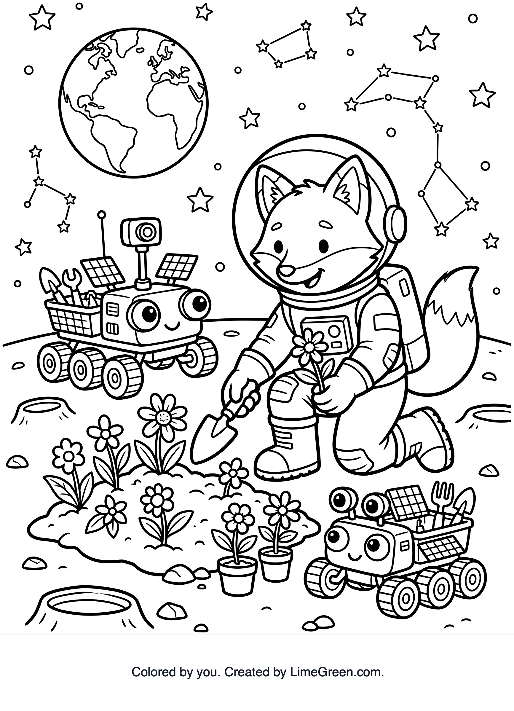 A fox astronaut planting flowers on the moon beside a tiny rover