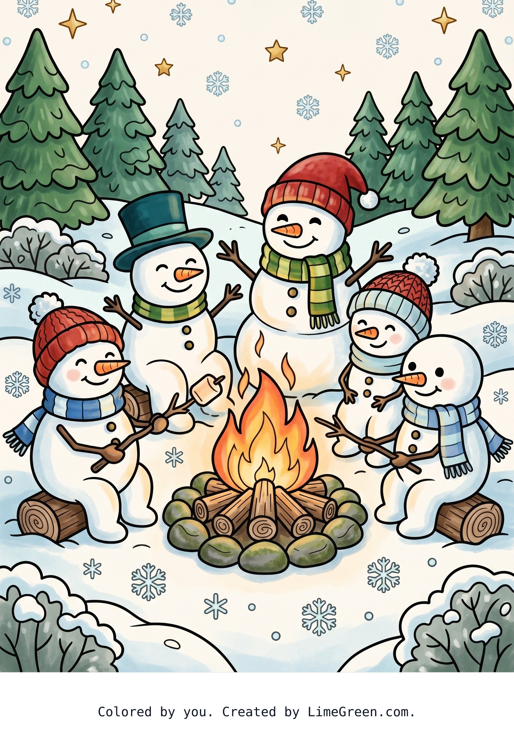 Colored preview of Adorable snowmen around a campfire