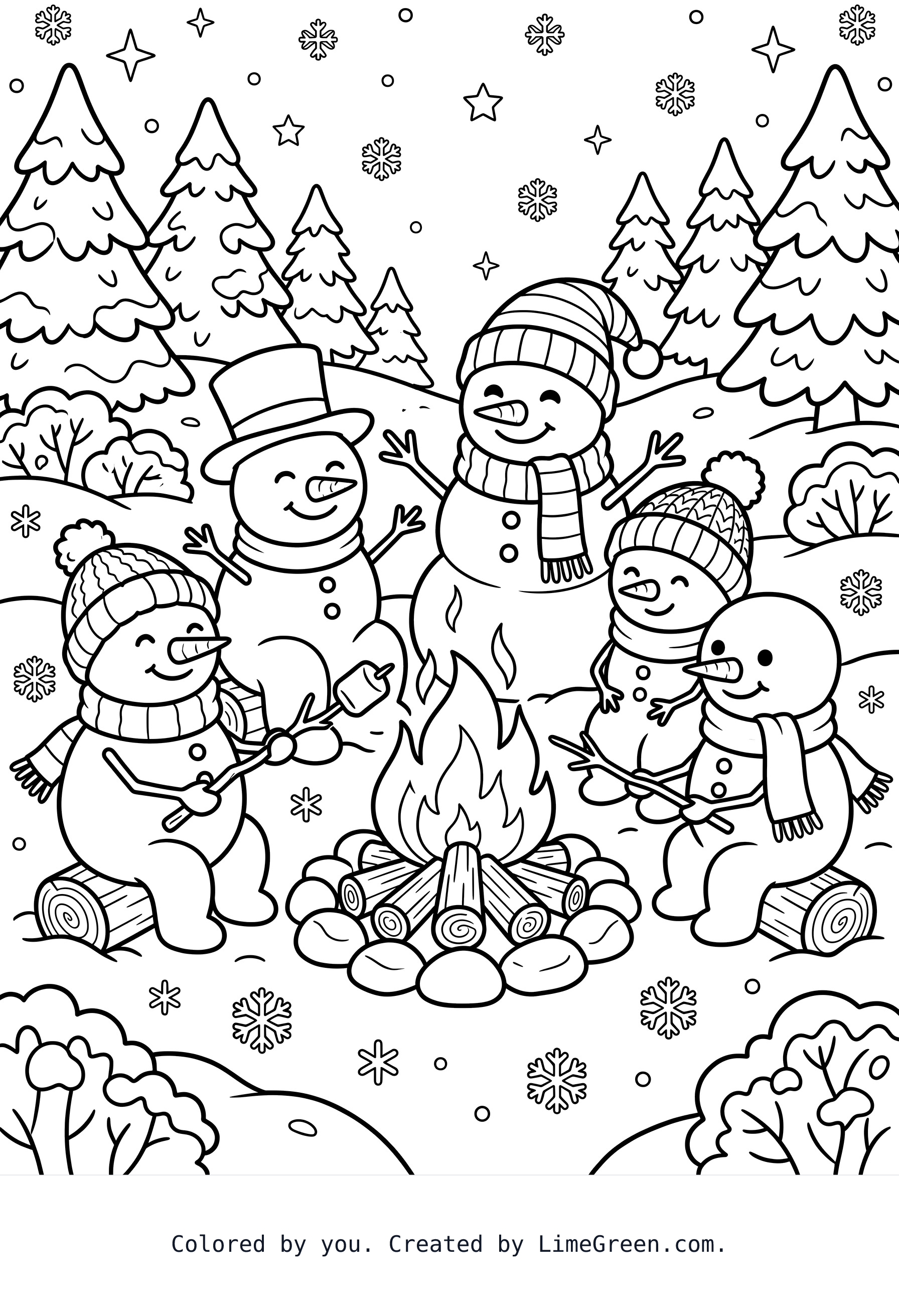 Adorable snowmen around a campfire