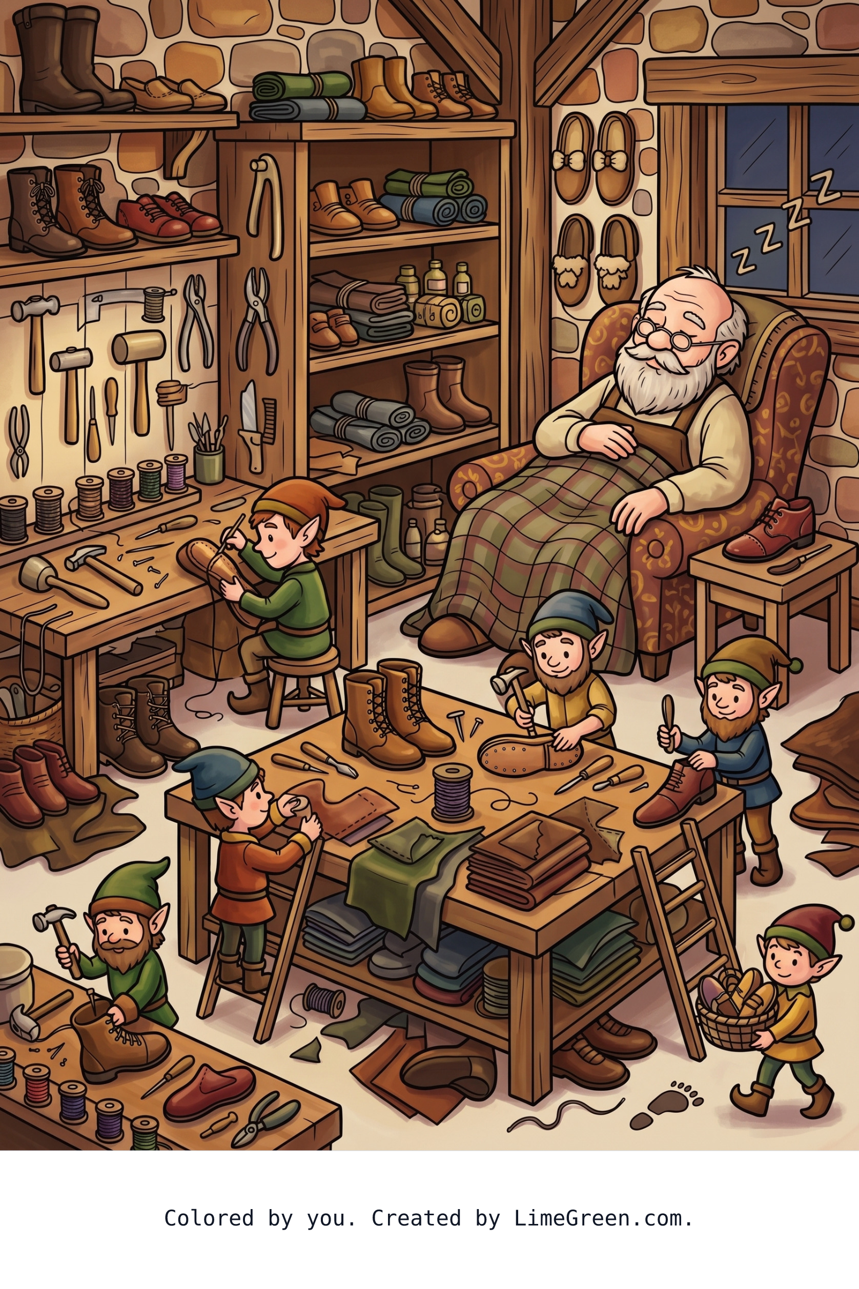Colored preview of Elves working in a cobbler's shop helping the sleeping cobbler fix his shoes and boots.