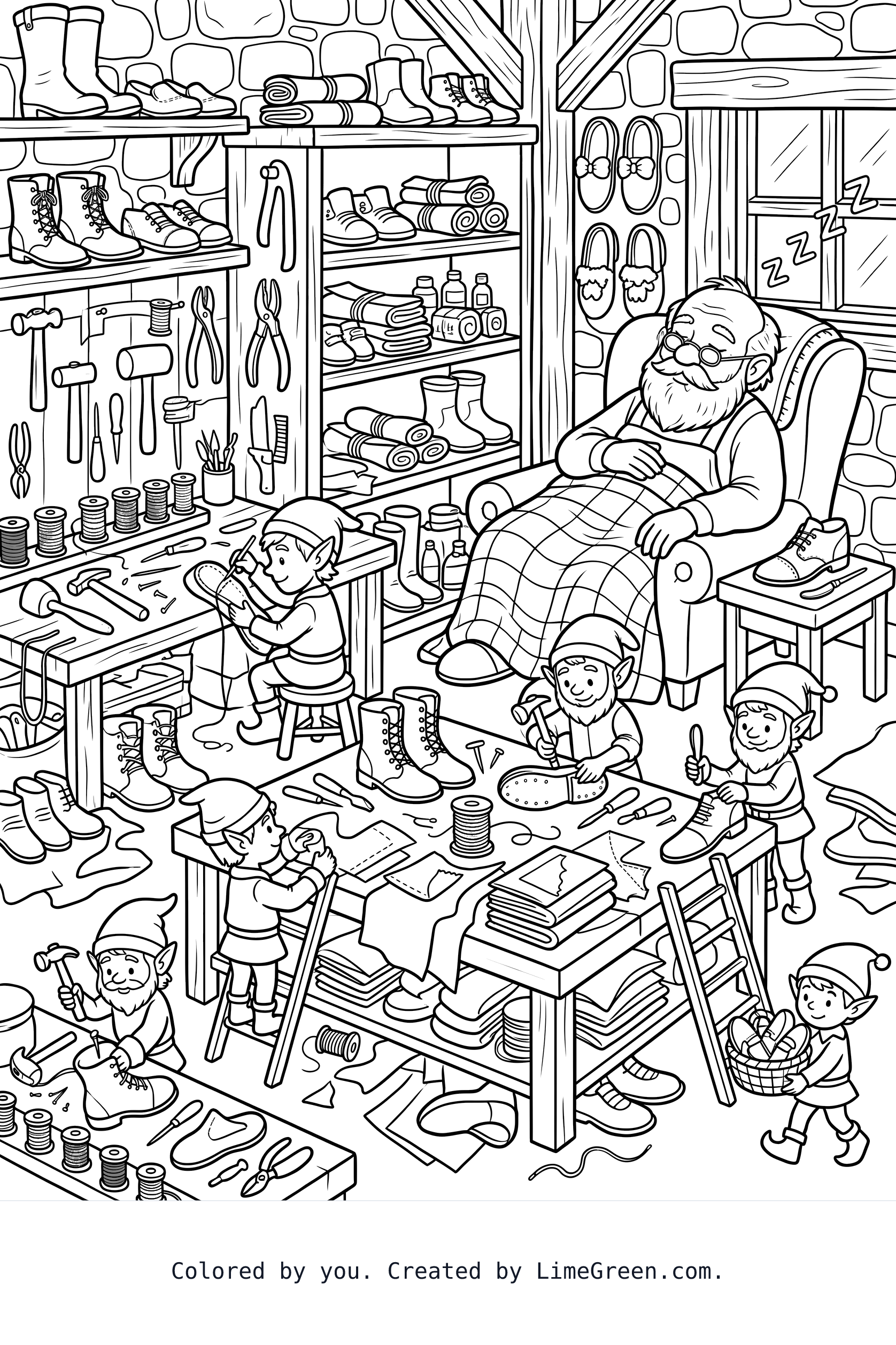 Elves working in a cobbler's shop helping the sleeping cobbler fix his shoes and boots.