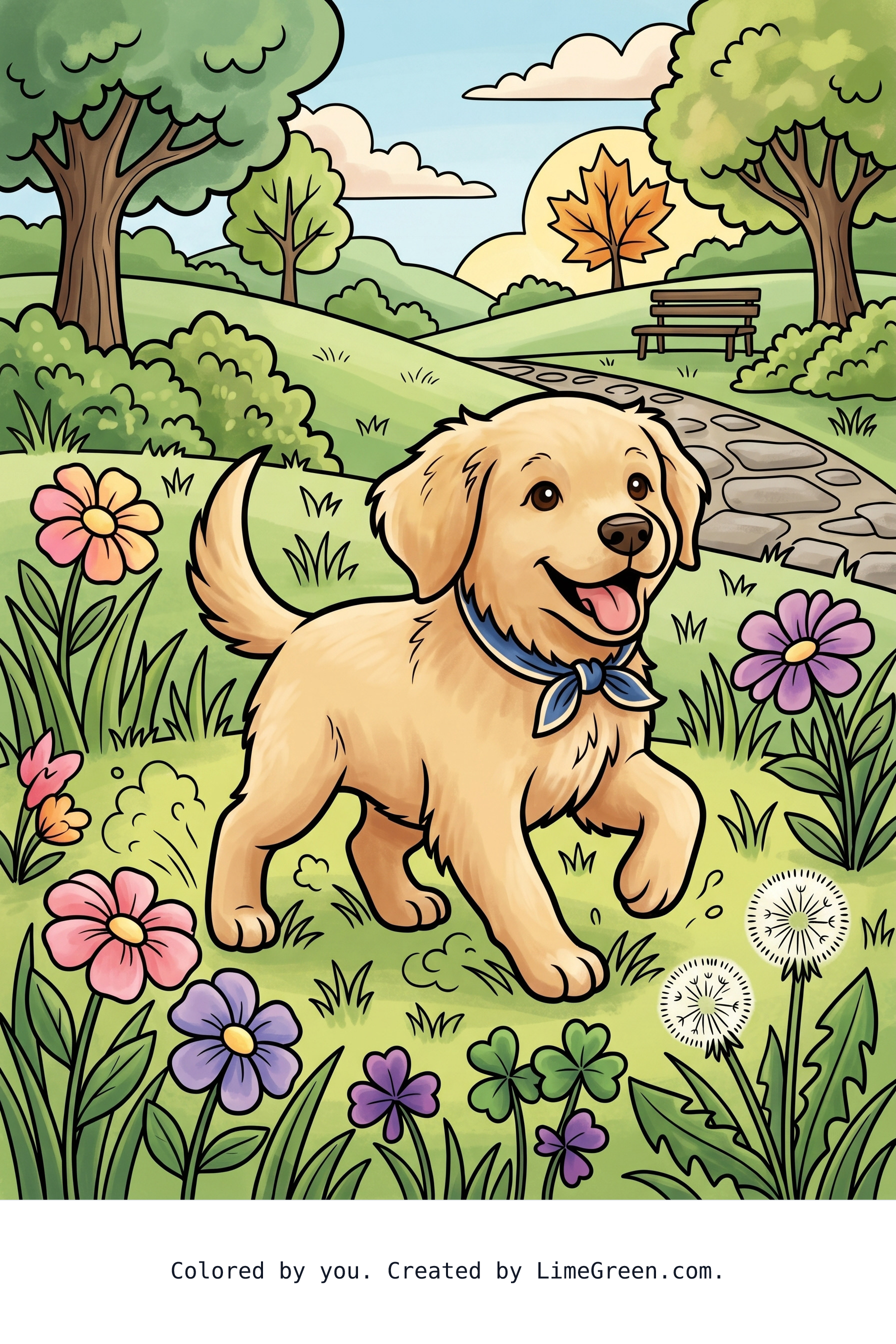 Colored preview of Golden retriever puppy playing in a park