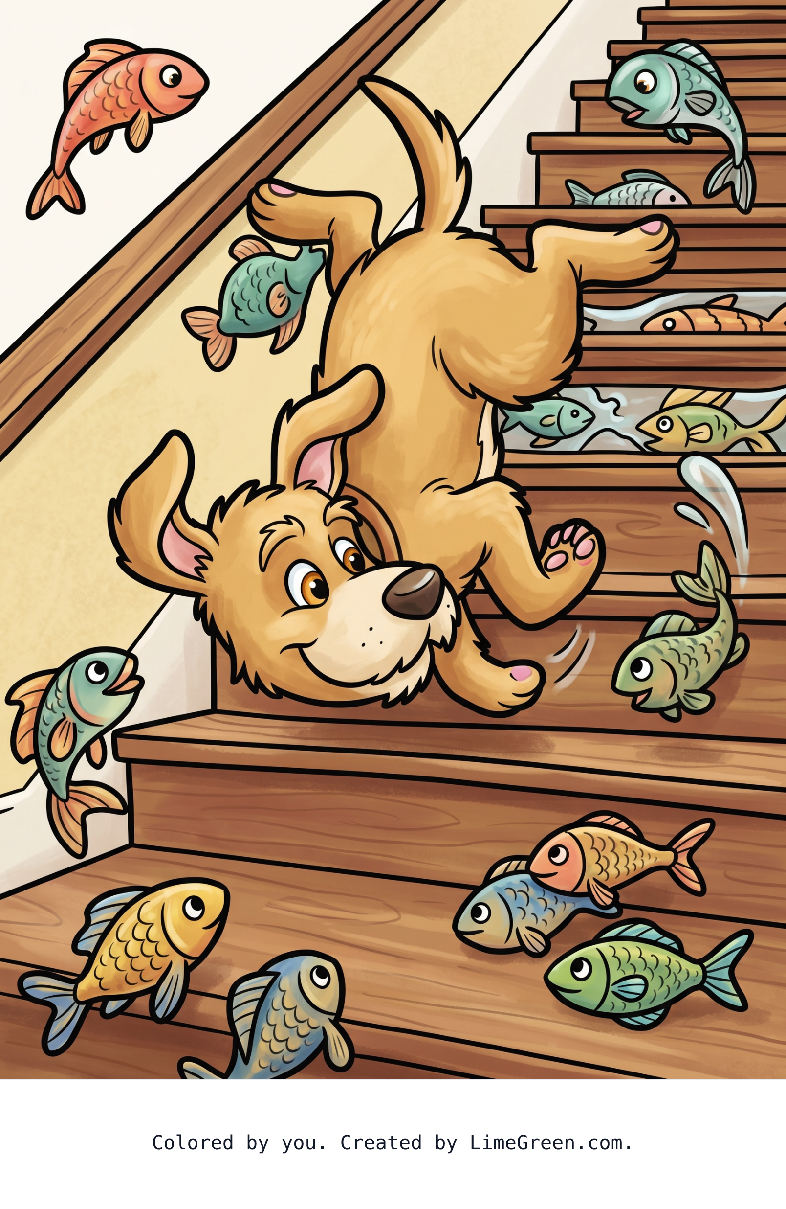 Colored preview of Dog going down stairs doing a flip looking for fish.