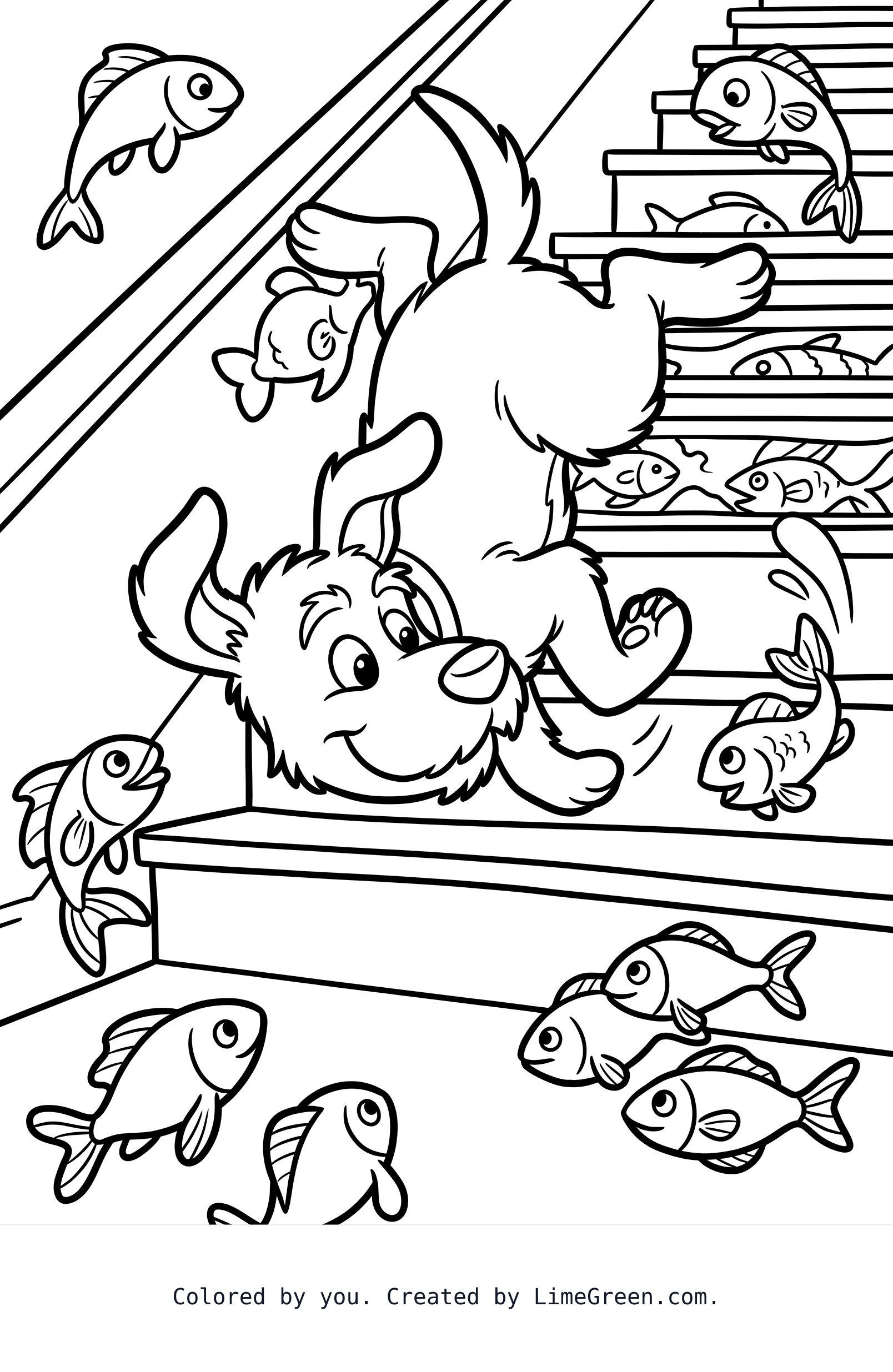 Printable Dog going down stairs doing a flip looking for fish. coloring page