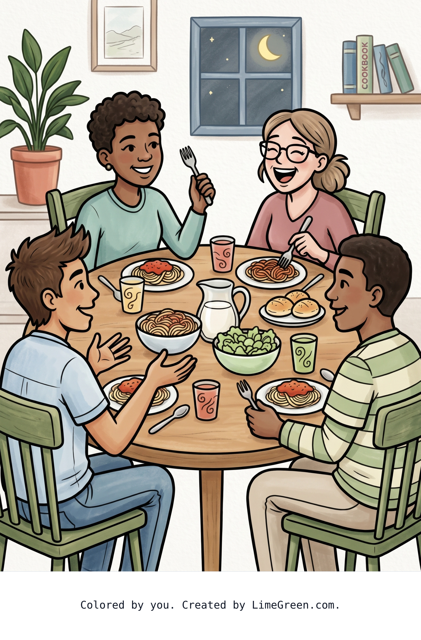 Colored preview of 4 friends at dinner