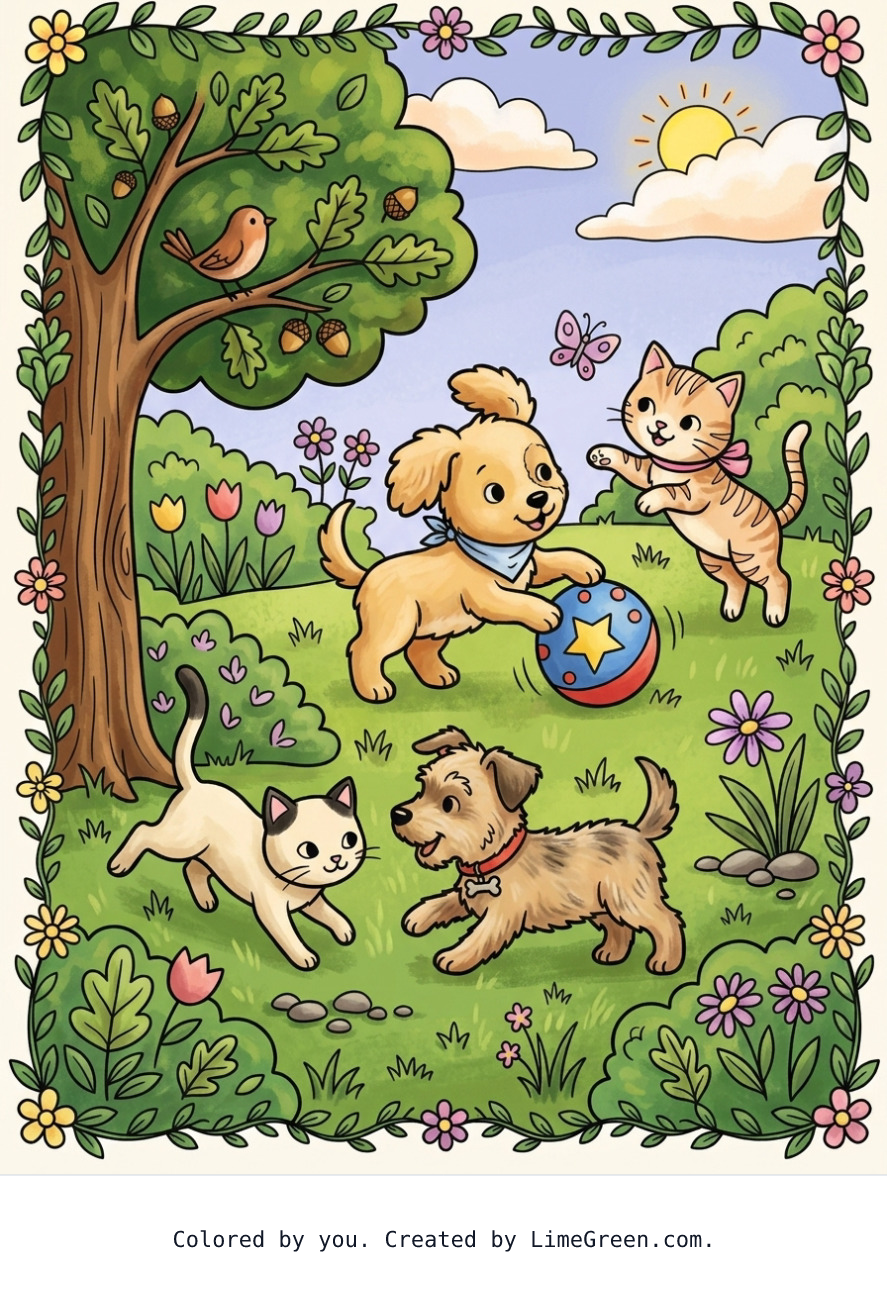 Colored preview of Two puppies and 2 kittens playing in a yard