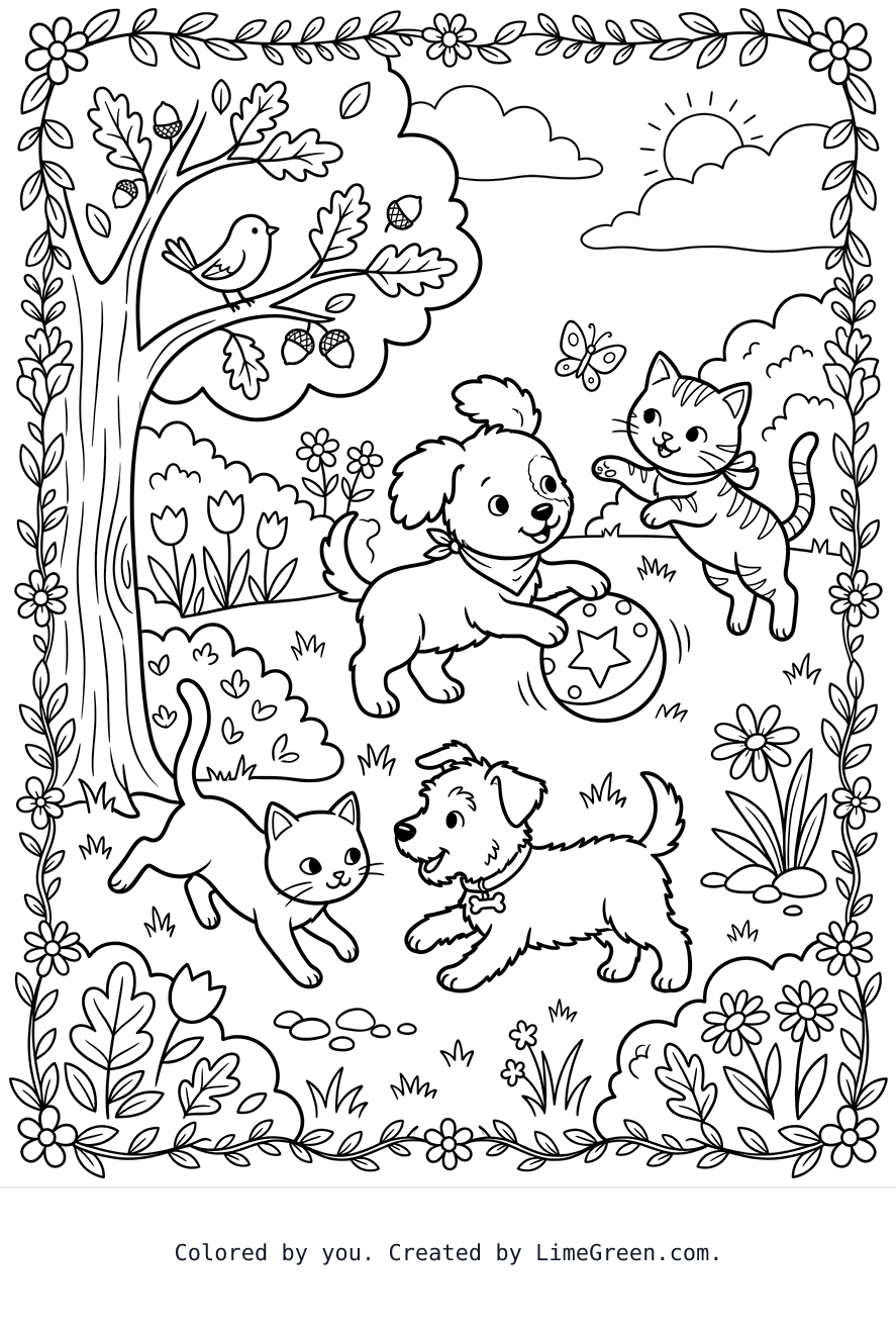 Two puppies and 2 kittens playing in a yard