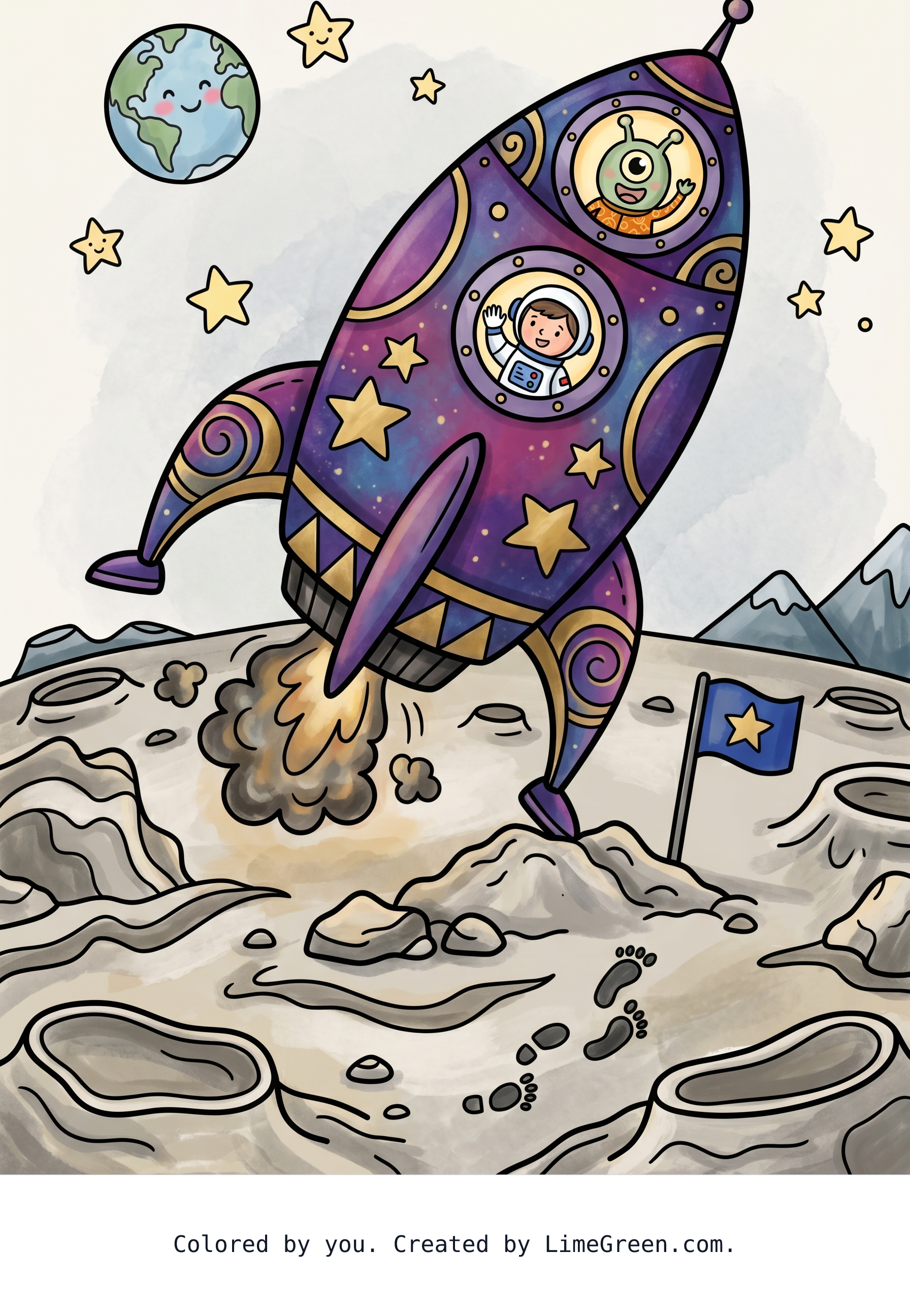 Colored preview of A spaceship landing on the moon.