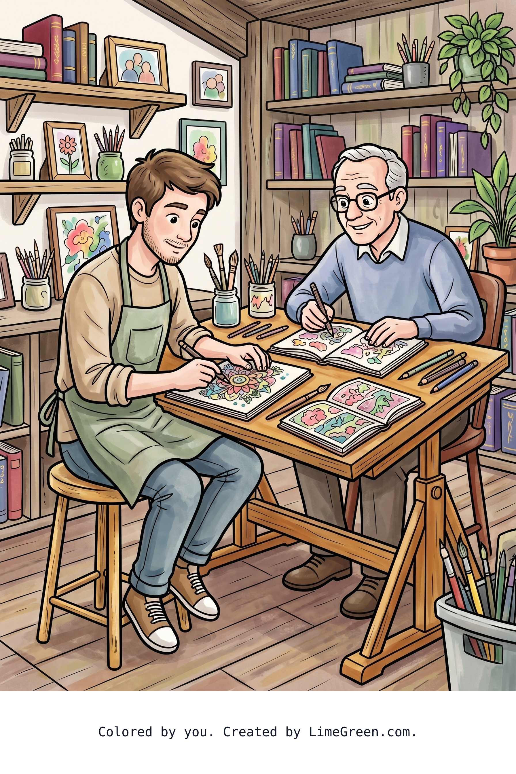 Colored preview of A 20ish old man sitting at his grand drawing table coloring his master artwork in his comfortable sm house with his dad