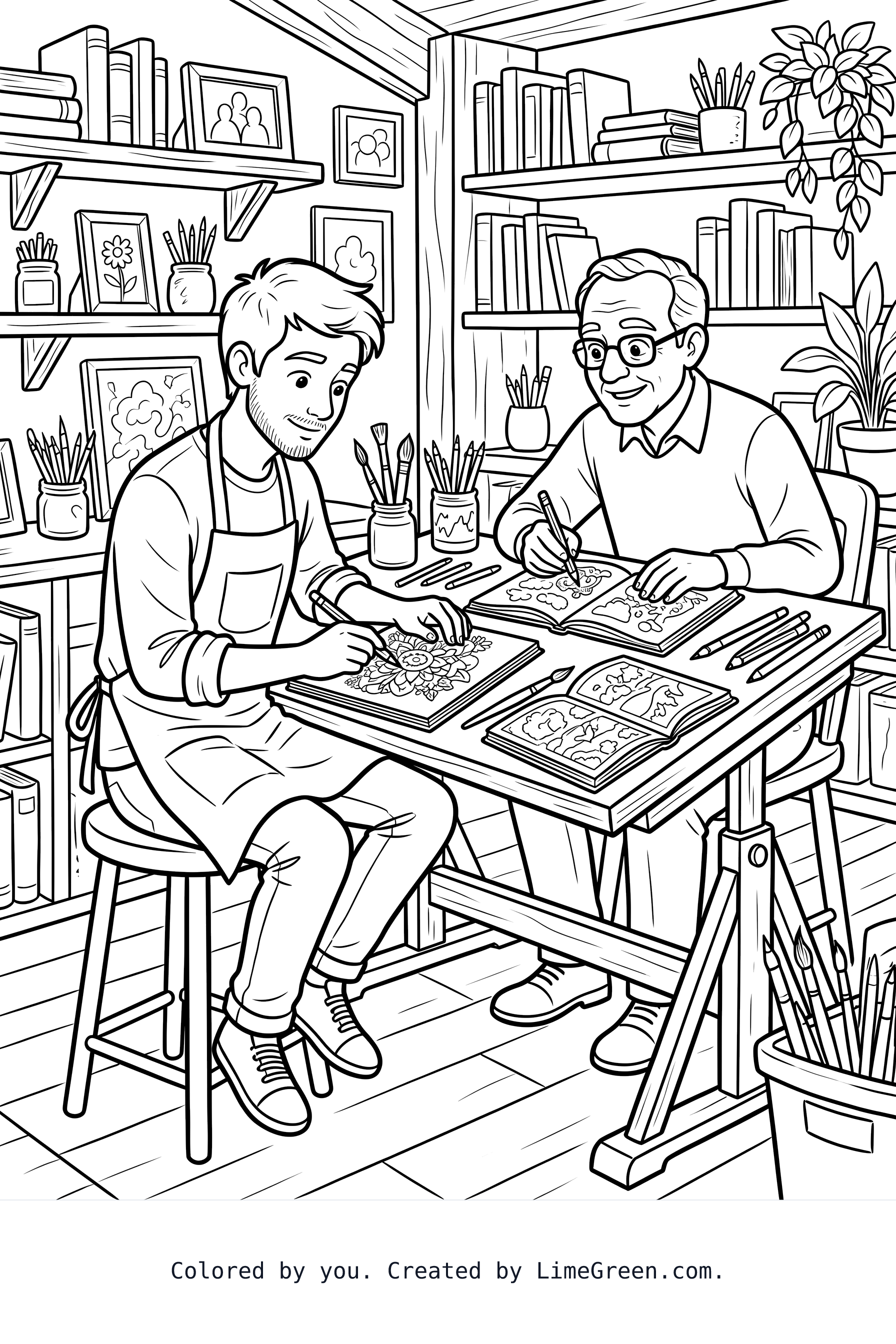 A 20ish old man sitting at his grand drawing table coloring his master artwork in his comfortable sm house with his dad